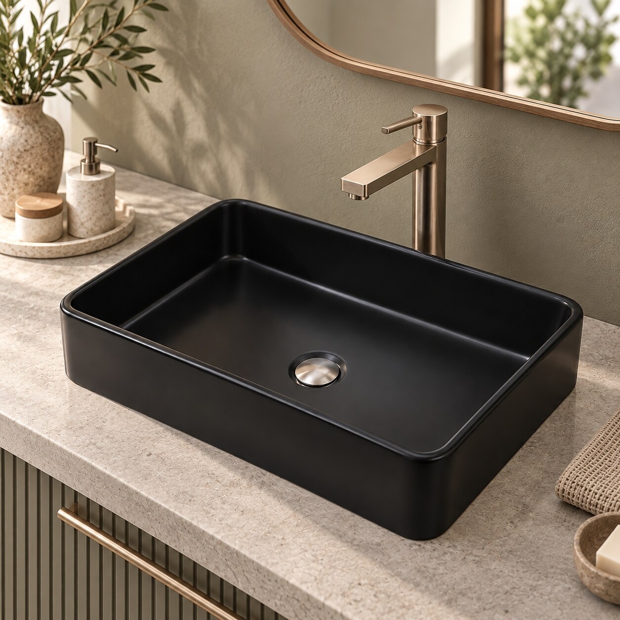MYRYY 24-in x16-in Ceramic Vessel Rectangular Black Bathroom Sink