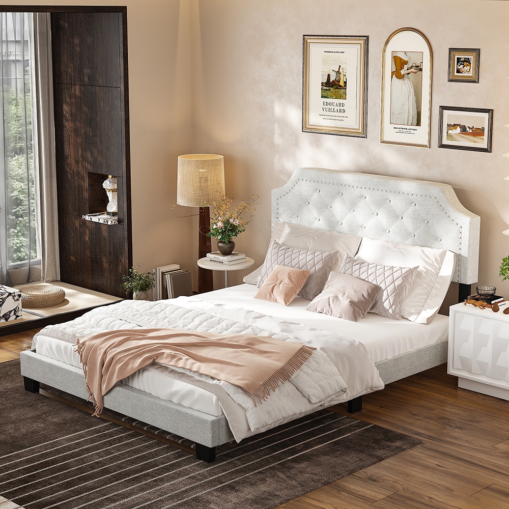 Homsee V-KF581001-01 Modern Upholstered Platform Bed Frame with Soft Padded Headboard and Sturdy Slats in Light Gray Fabric for Bedroom