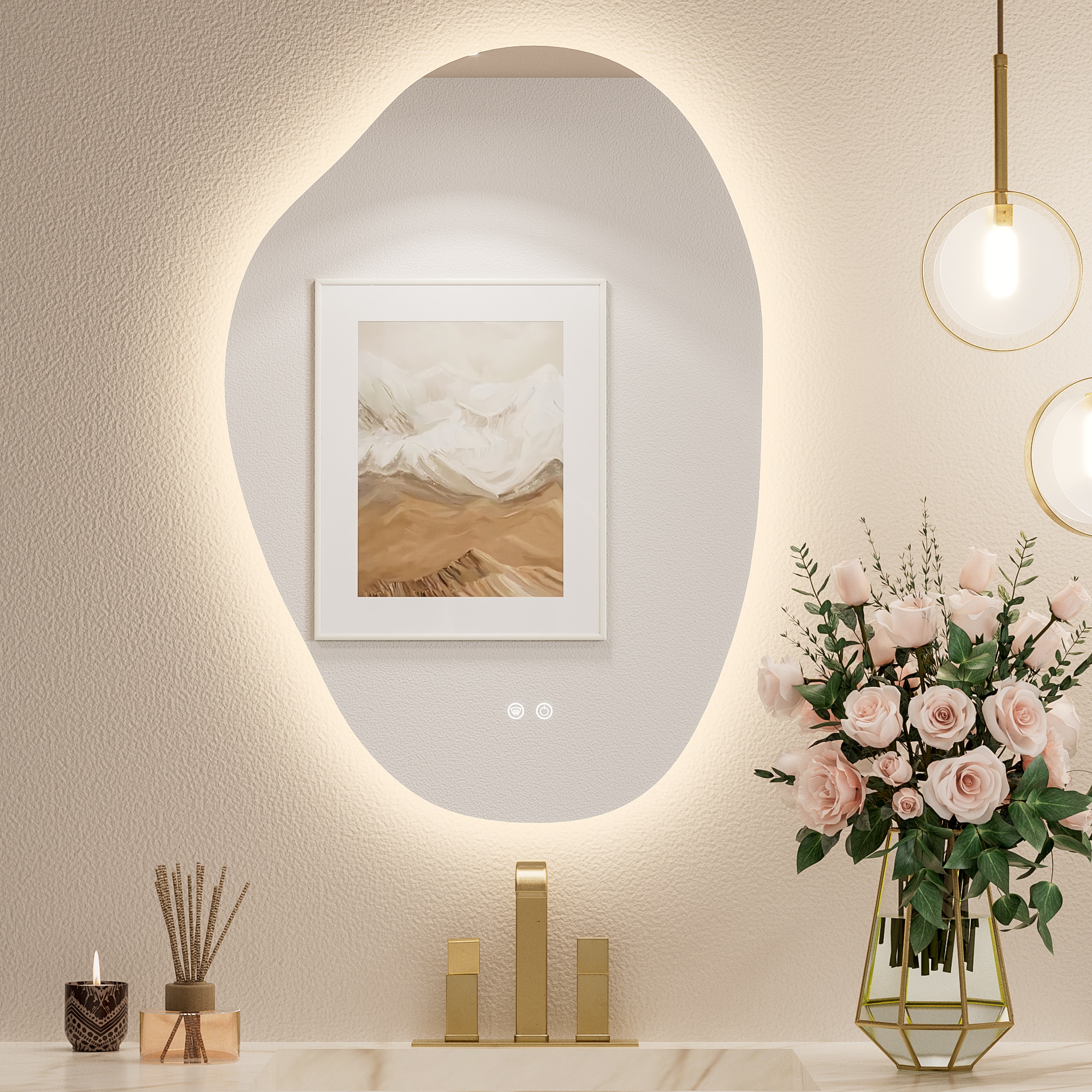 Keonjinn LW-DJ-BB-5576 22-in x 30-in Polished Frameless Irregular Dimmable LED Lighted Fog Free Bathroom Vanity Mirror ( Clear )