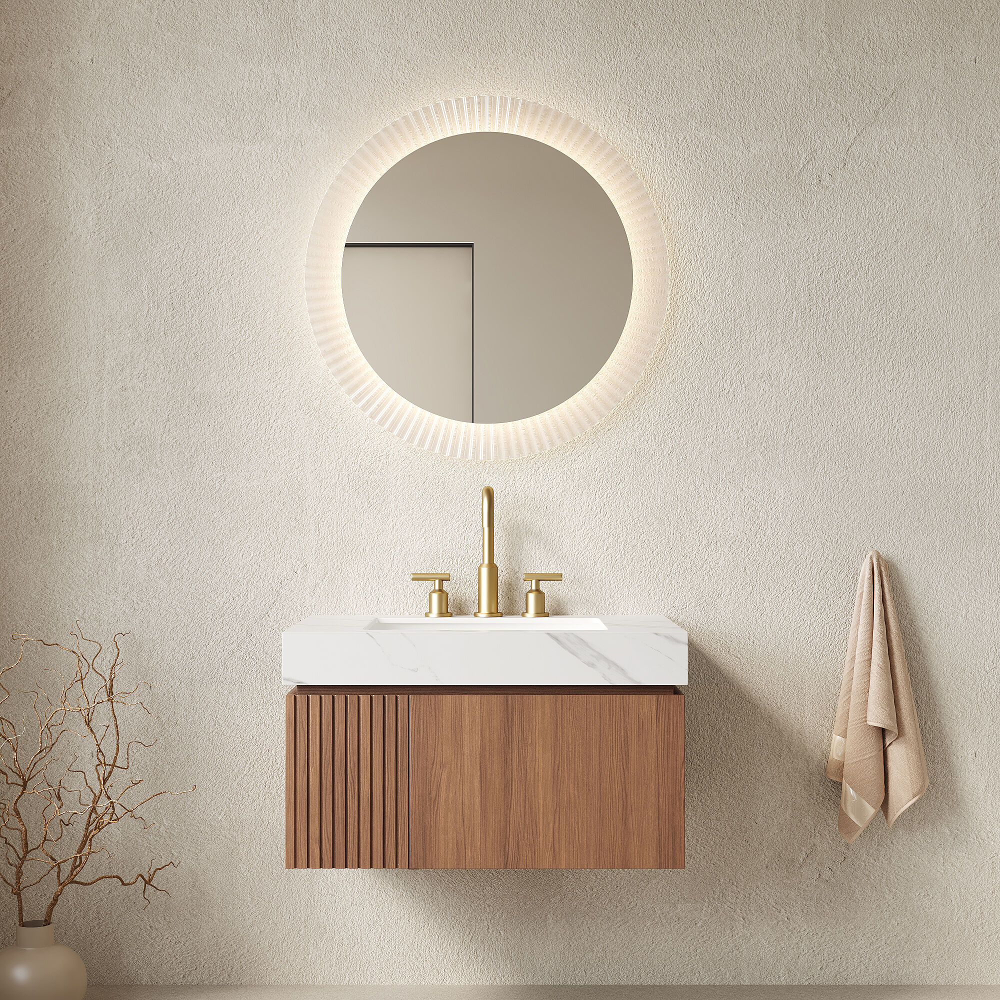JUSHUA 30 inch Brown Oak Floating Bathroom Vanity with Carrara White Sintered Stone Top Ceramic Basin Drawer Door and 3 Faucet Holes