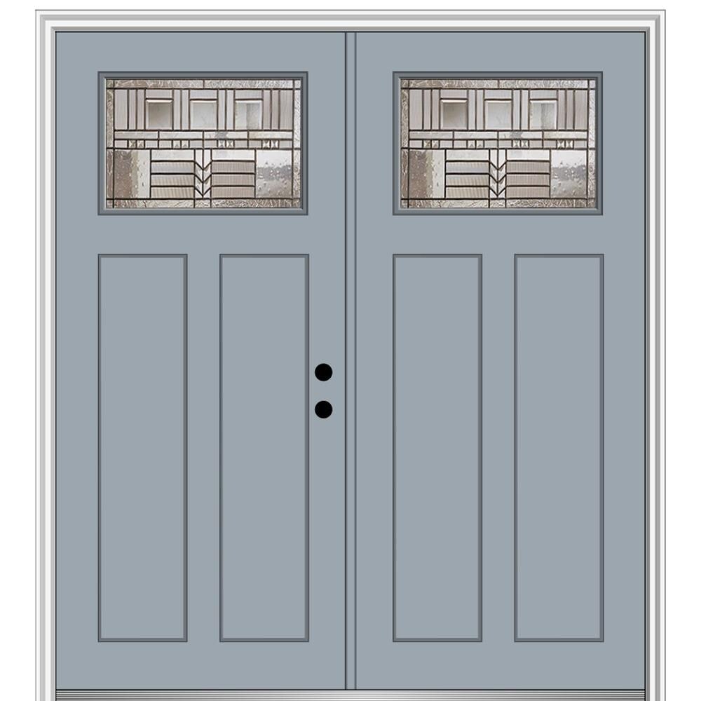 MMI DOOR ZZ3664977L 72-in x 80-in x 4-9/16-in Fiberglass Craftsman Left-hand inswing Storm Cloud Painted Prehung Double Front Door with Brickmould Insulating core