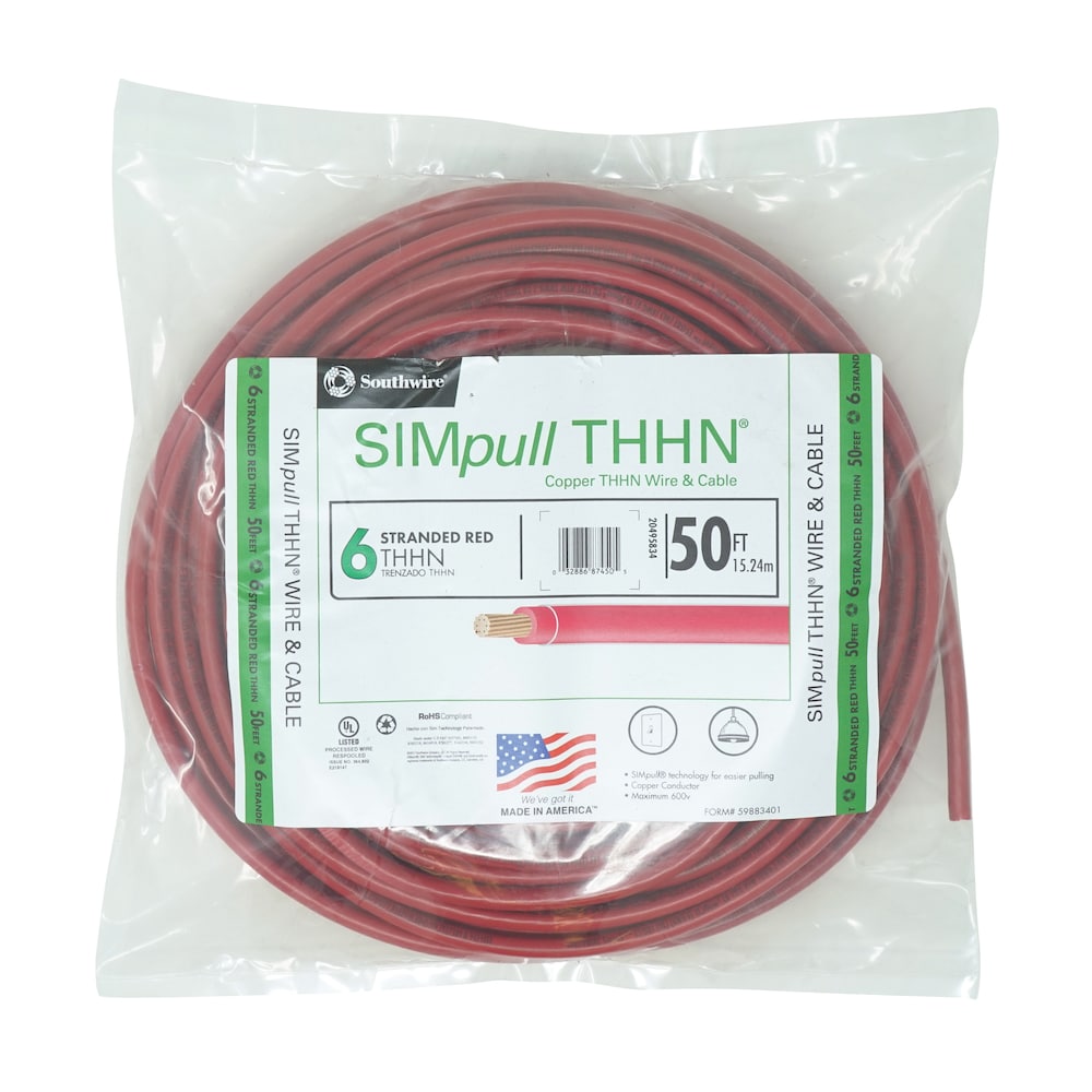 6 AWG 19-Stranded THHN Red Copper Building Wire (100ft Cut)