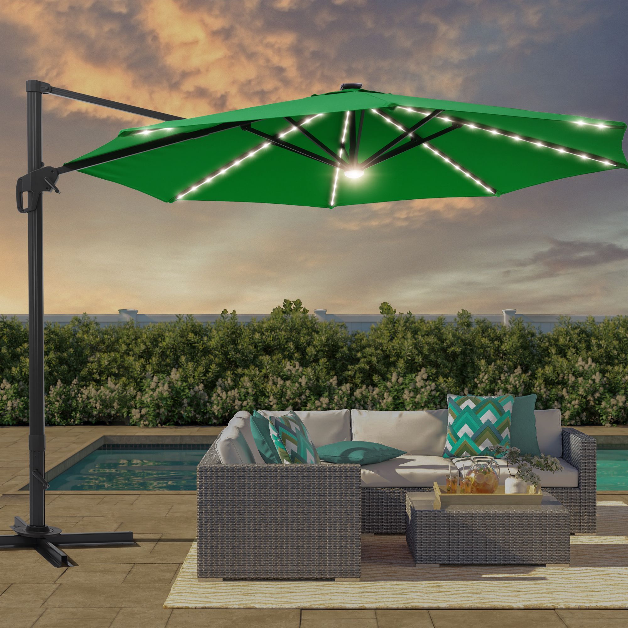 Sonkuki SD-132KG-LED 11-Feet Aluminum Green No-tilt Cantilever Patio Umbrella with Lights and
