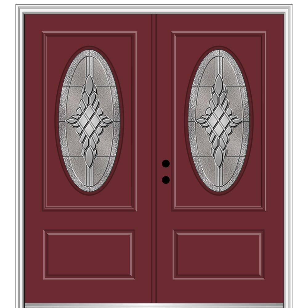 MMI DOOR ZZ365951R 72-in x 80-in x 4-9/16-in Fiberglass Oval lite Right-hand inswing Burgundy Painted Prehung Double Front Door with Brickmould Insulating core