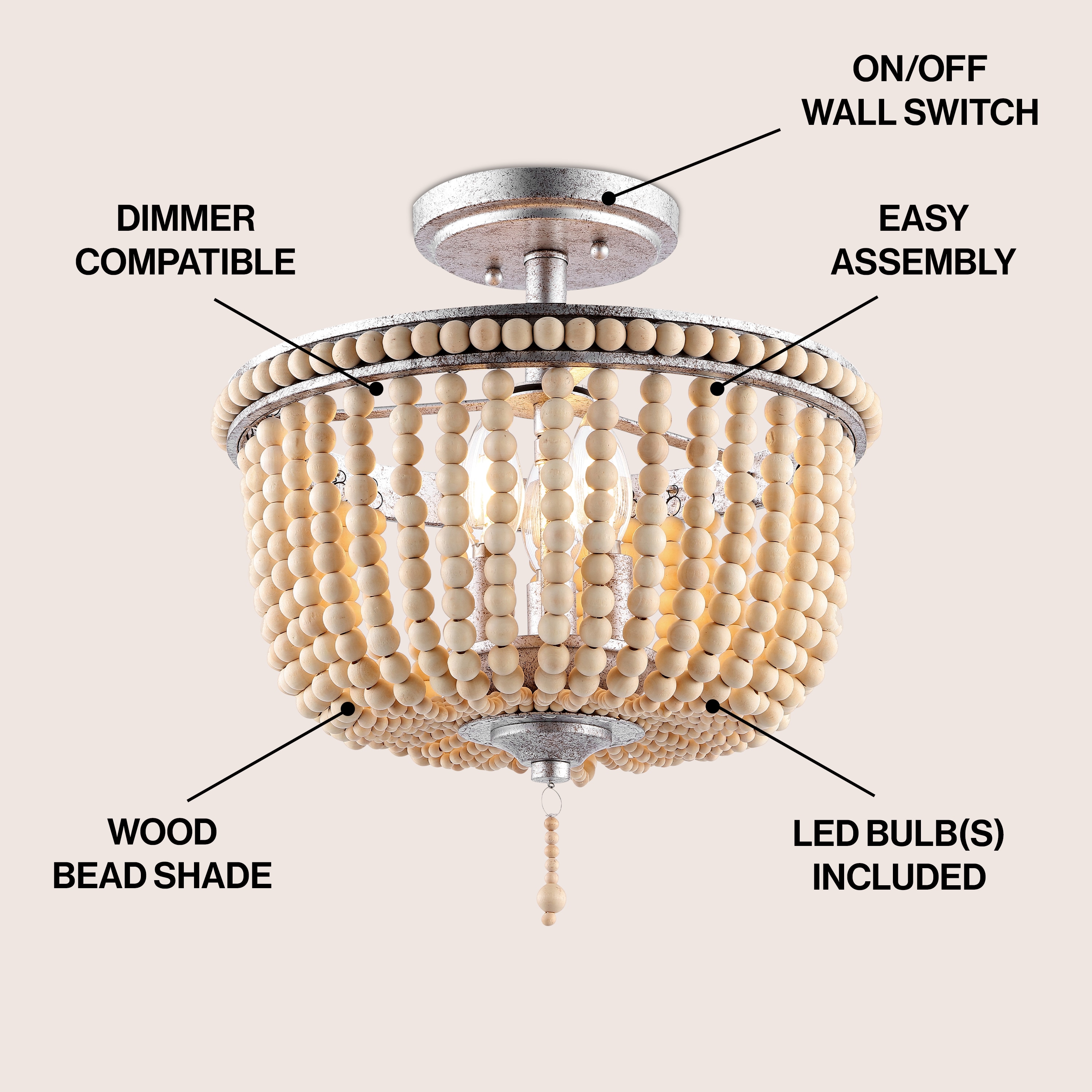 Allie 14" Antique Silver Wood Bead LED Semi Flush Mount Light