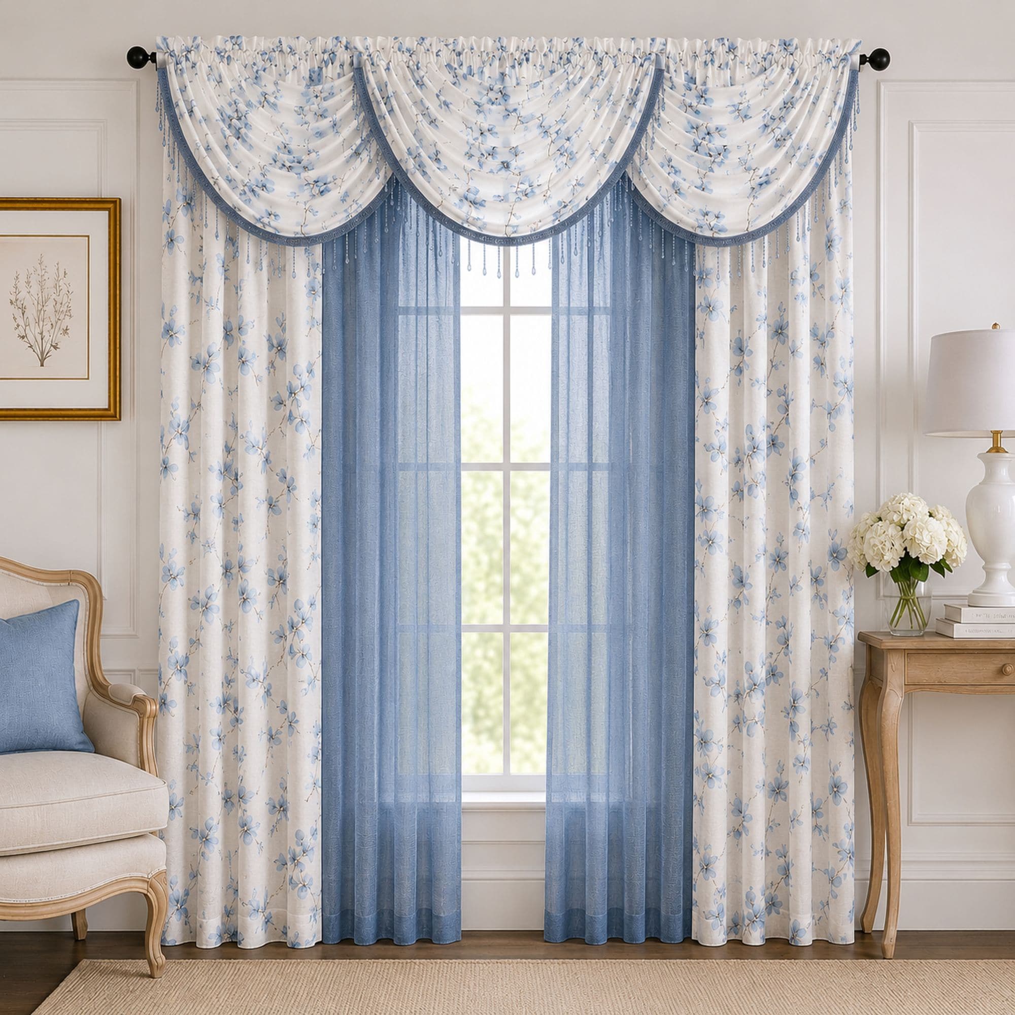 KATE AURORA 7 Piece Carly Floral Rod Pocket Curtains Panels And Beaded ...