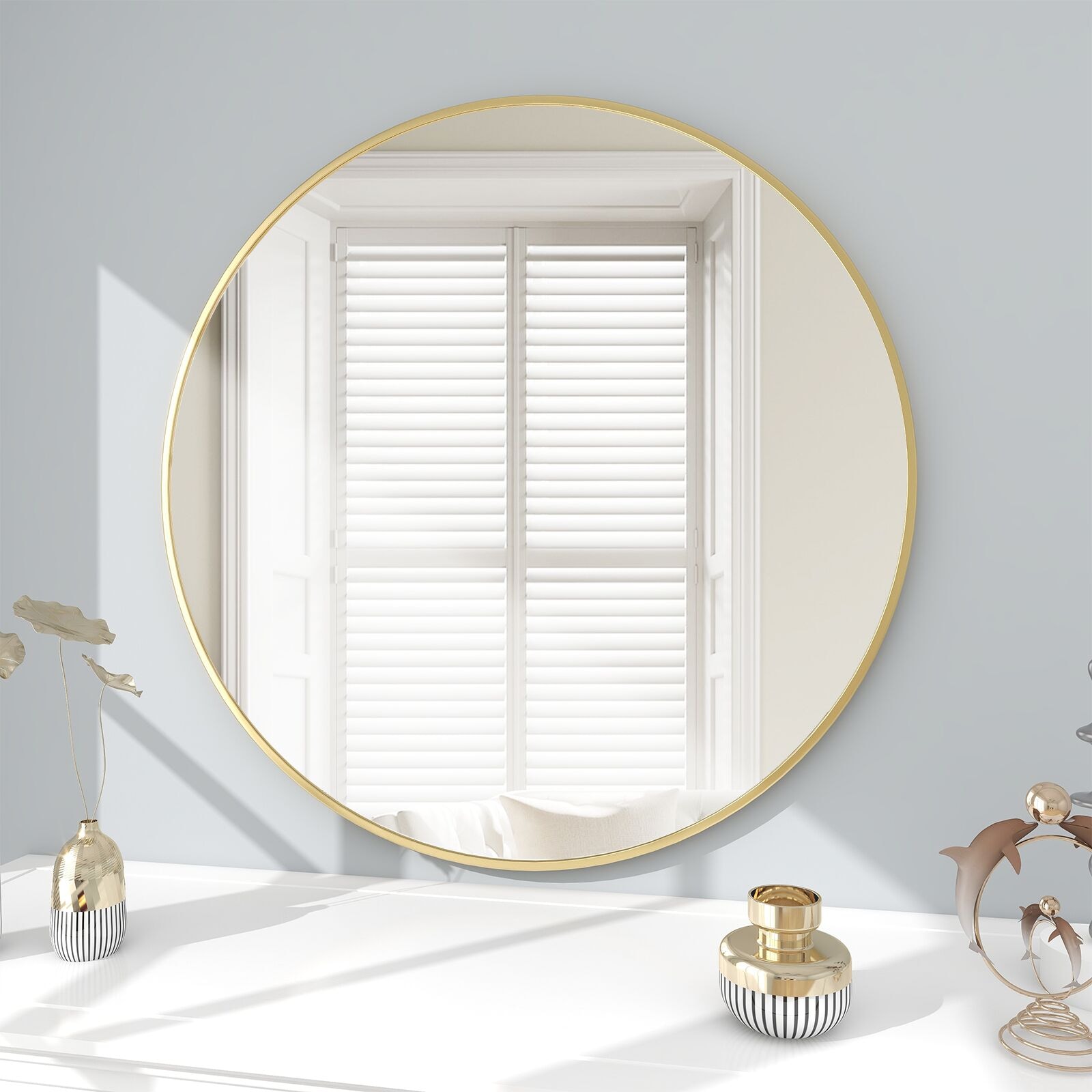 BEAUTYPEAK LS-YSJ-1908YJ24-G 23.6-Inches W x 23.6-Inches H Round Gold Framed Wall Mirror