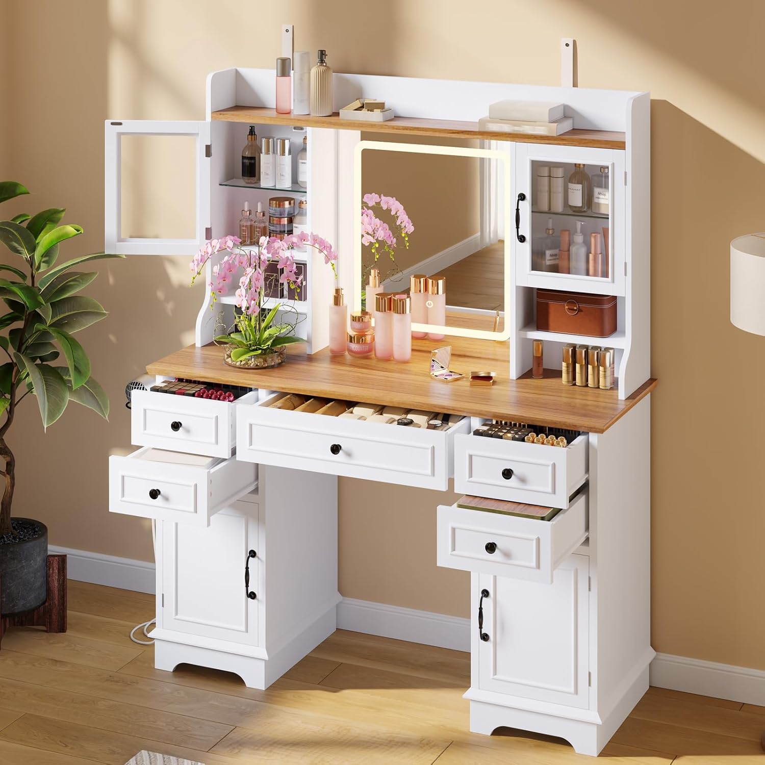 Qeetex NL-PHK-33QAHPA7 1 MDF Particle Board Two Door Five Drawer LED Vanity Table White