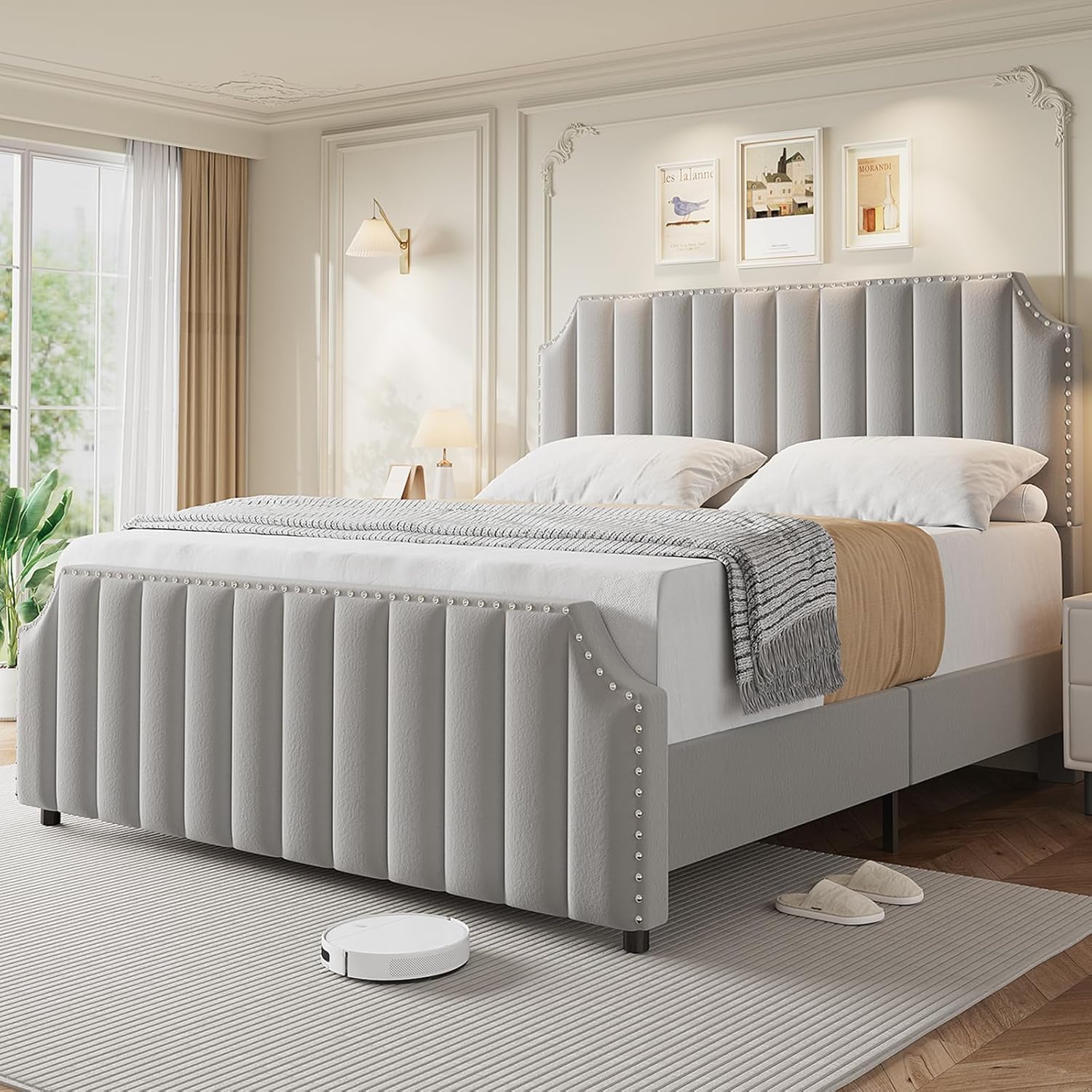 Garvee California King Size Grey Velvet Upholstered Platform Bed Frame ...