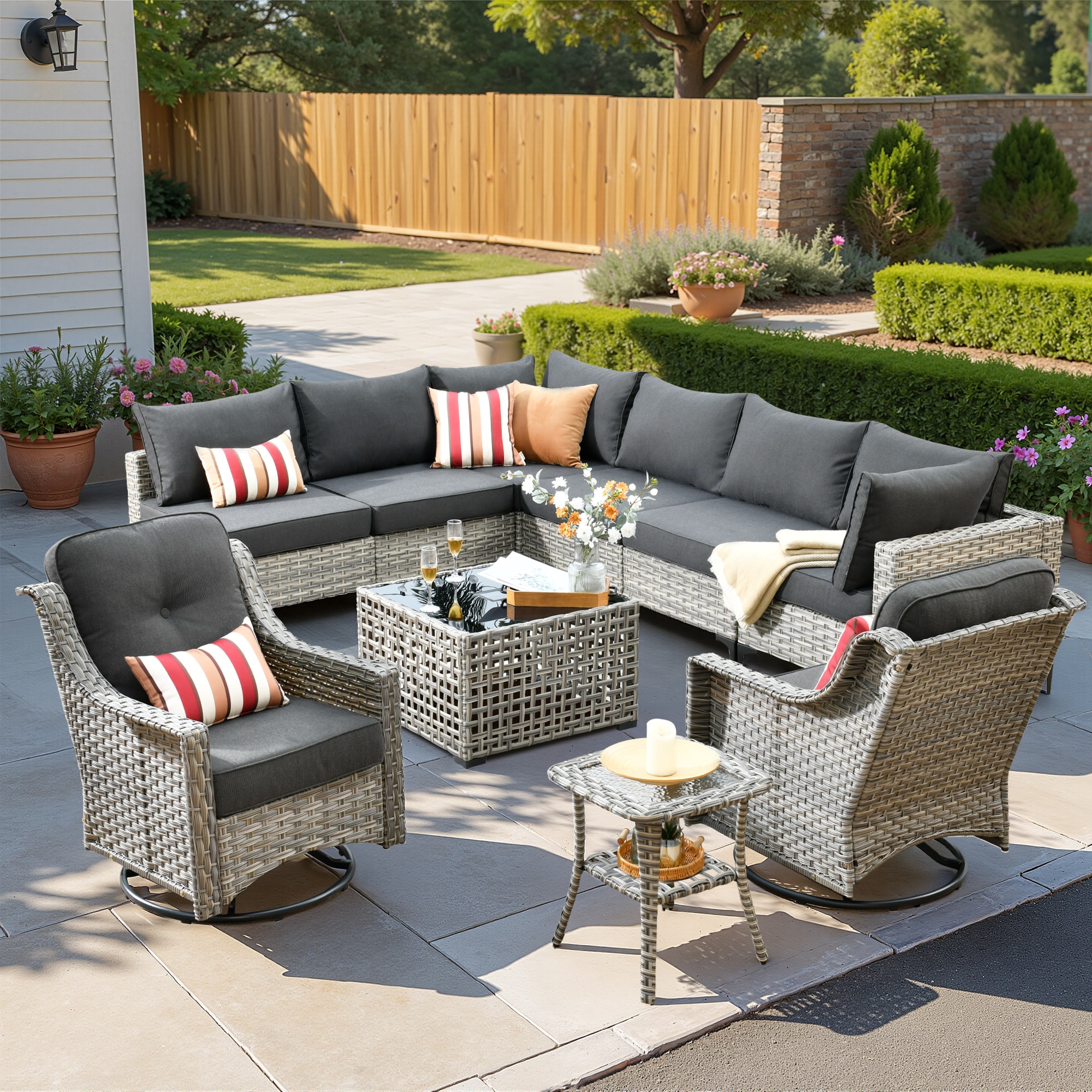 ALTRIGUS 6L-YZSKT110-AL 10 -Piece Wicker Patio Sofa Conversation Set with Black Cushions