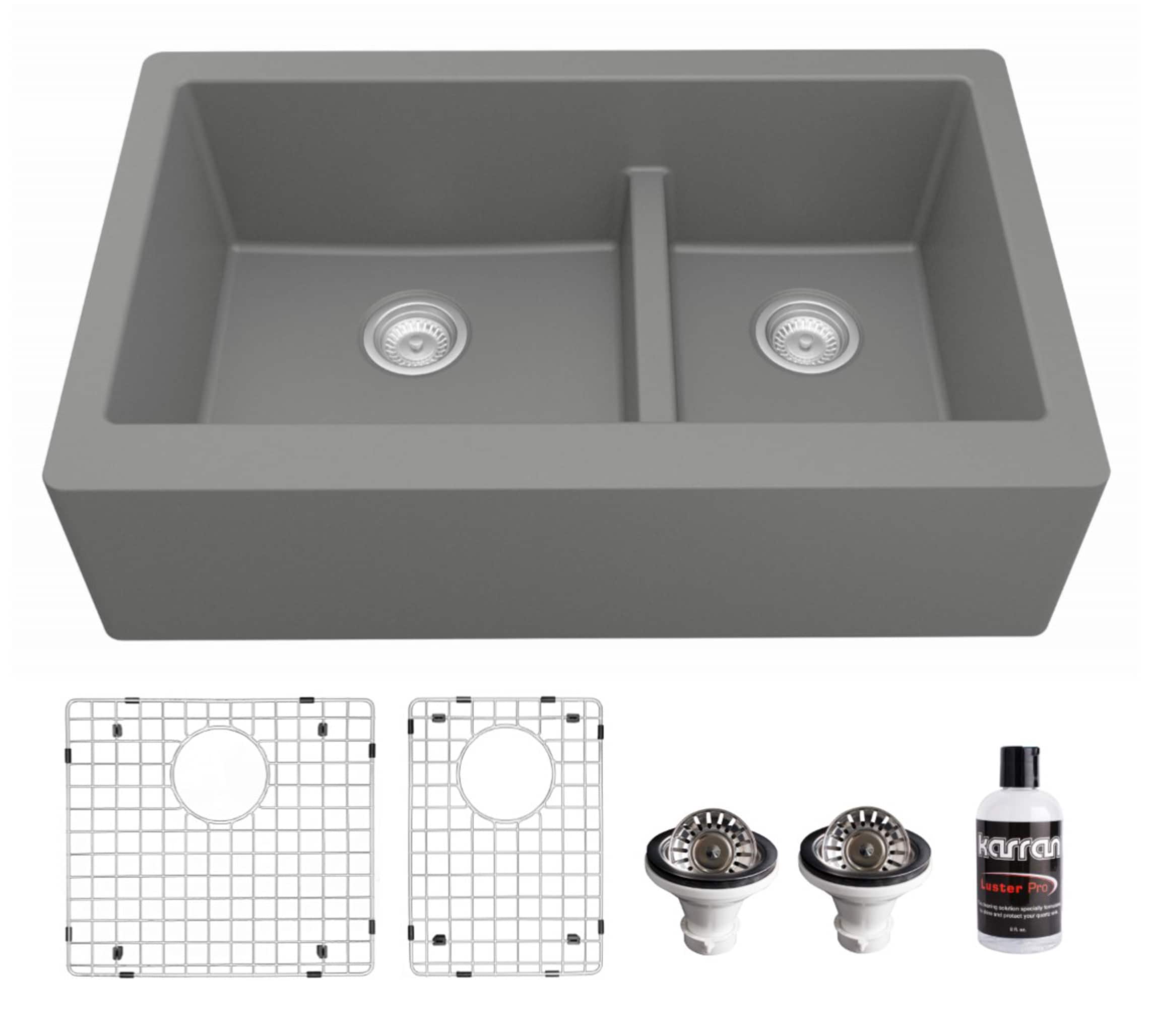 Gray Quartz 34'' Double Bowl Farmhouse Kitchen Sink Kit