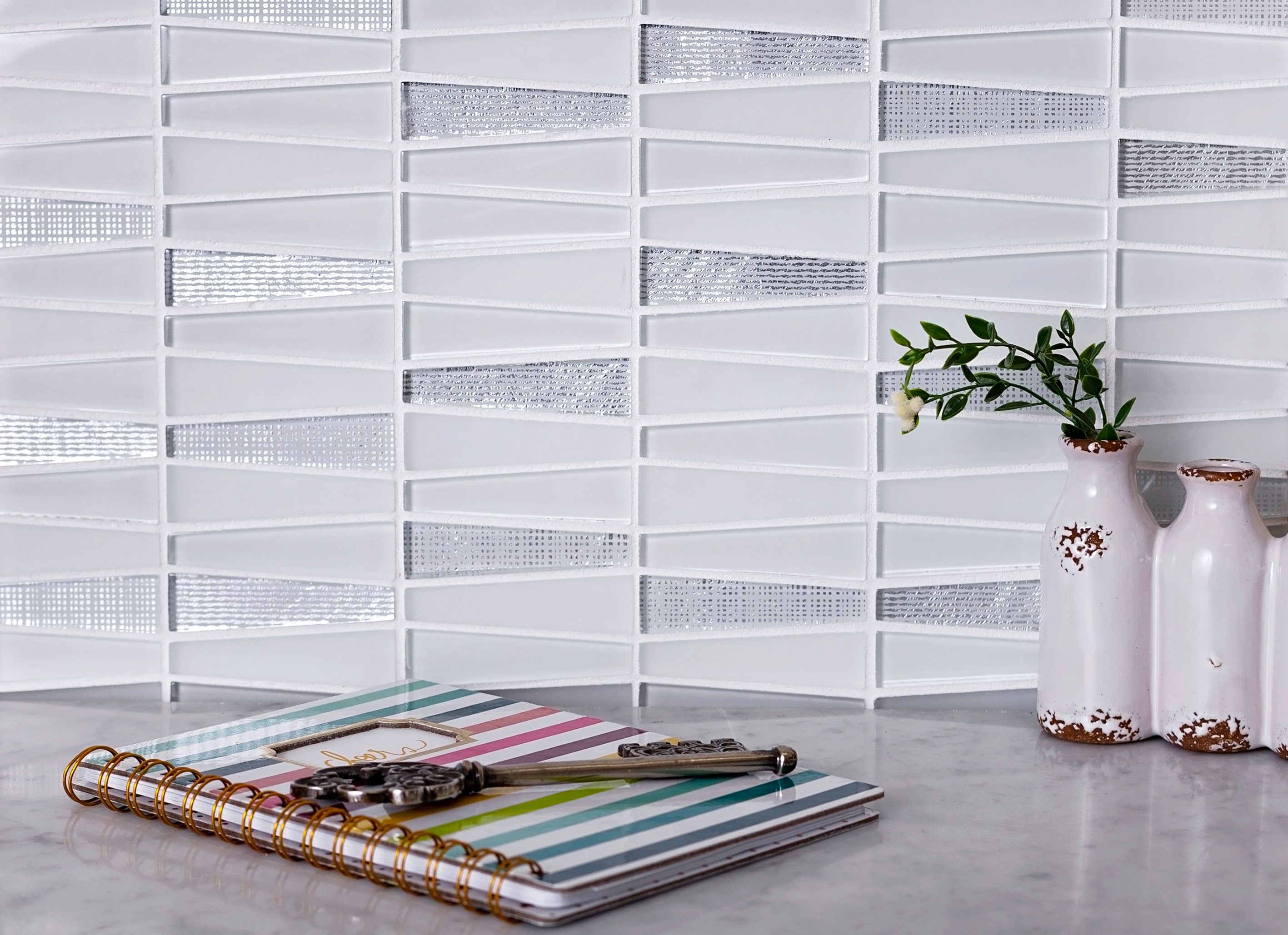 Silver and White Geometric Glass Mosaic Wall Tile