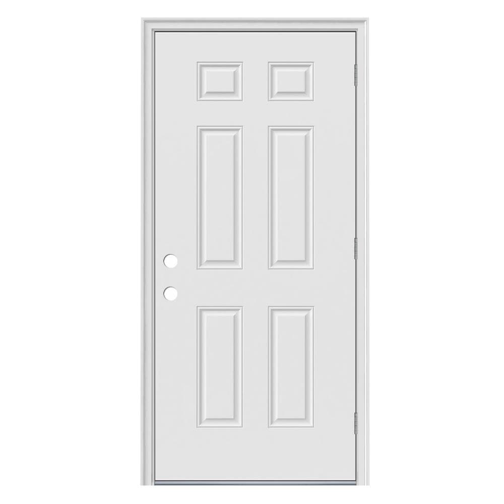 32-in x 80-in Steel Left-Hand Outswing Primed Prehung Single Front Door with Brickmould Insulating Core in Off-White | - JELD-WEN JW326PNLSTLBMLHOS