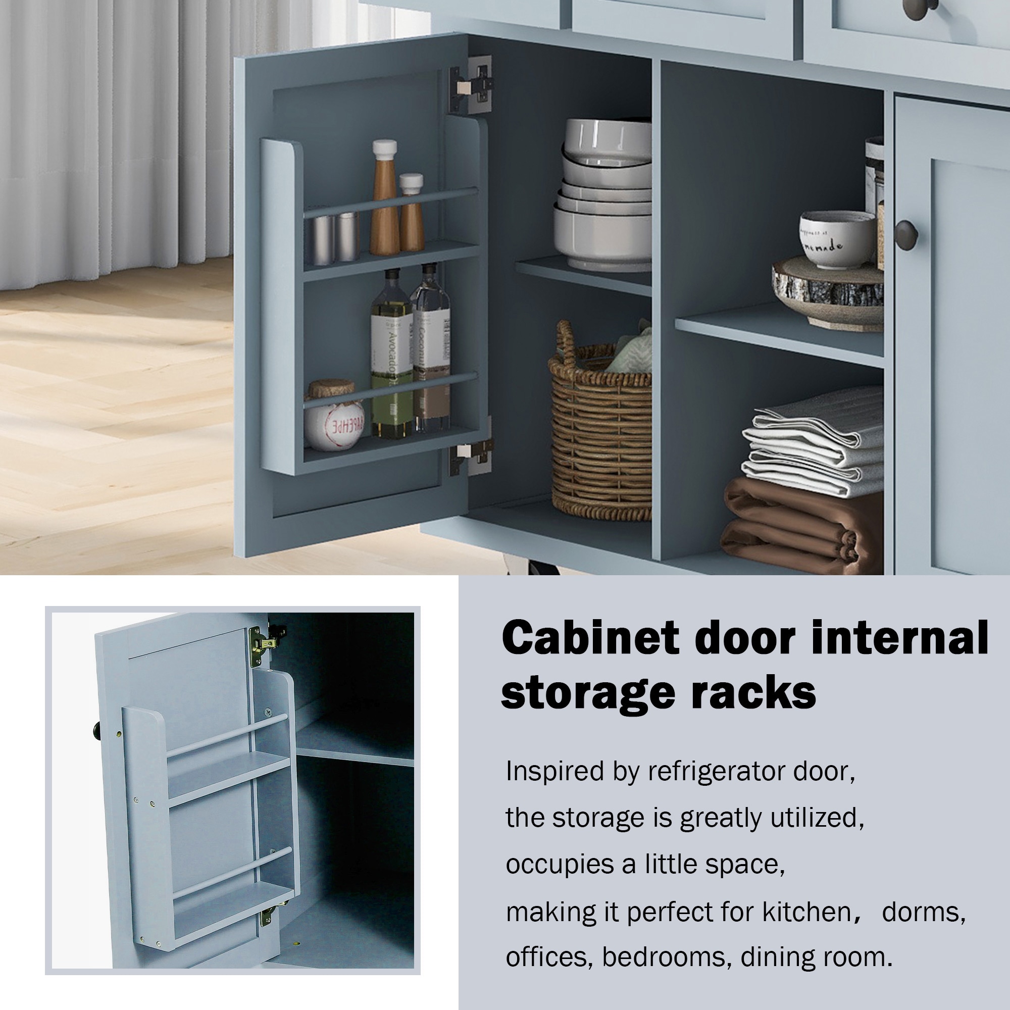 SINOFURN Blue Mdf Base with Wood Top Rolling Kitchen Island (17.7-in x 53.1-in x 37.2-in)