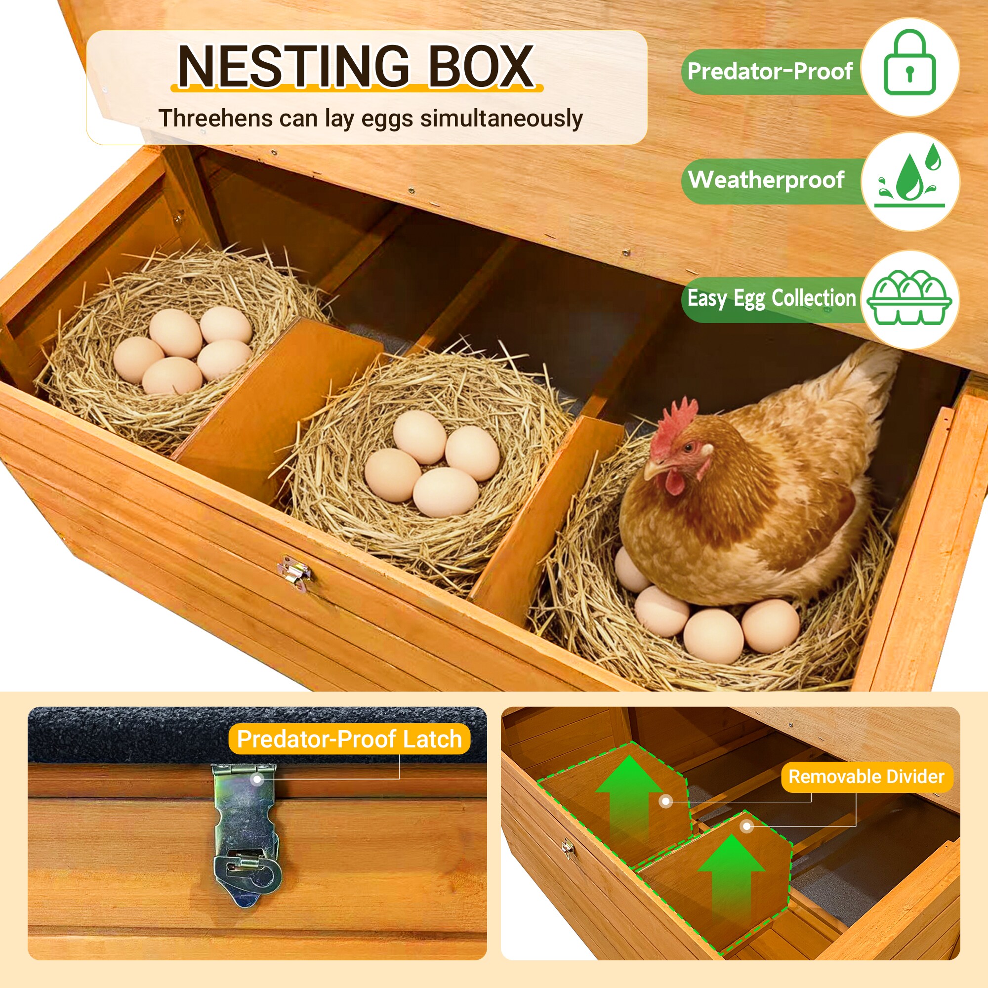 Anysun Double House Wooden Chicken Coop for 6 to 8 Hens with 3 Nesting ...