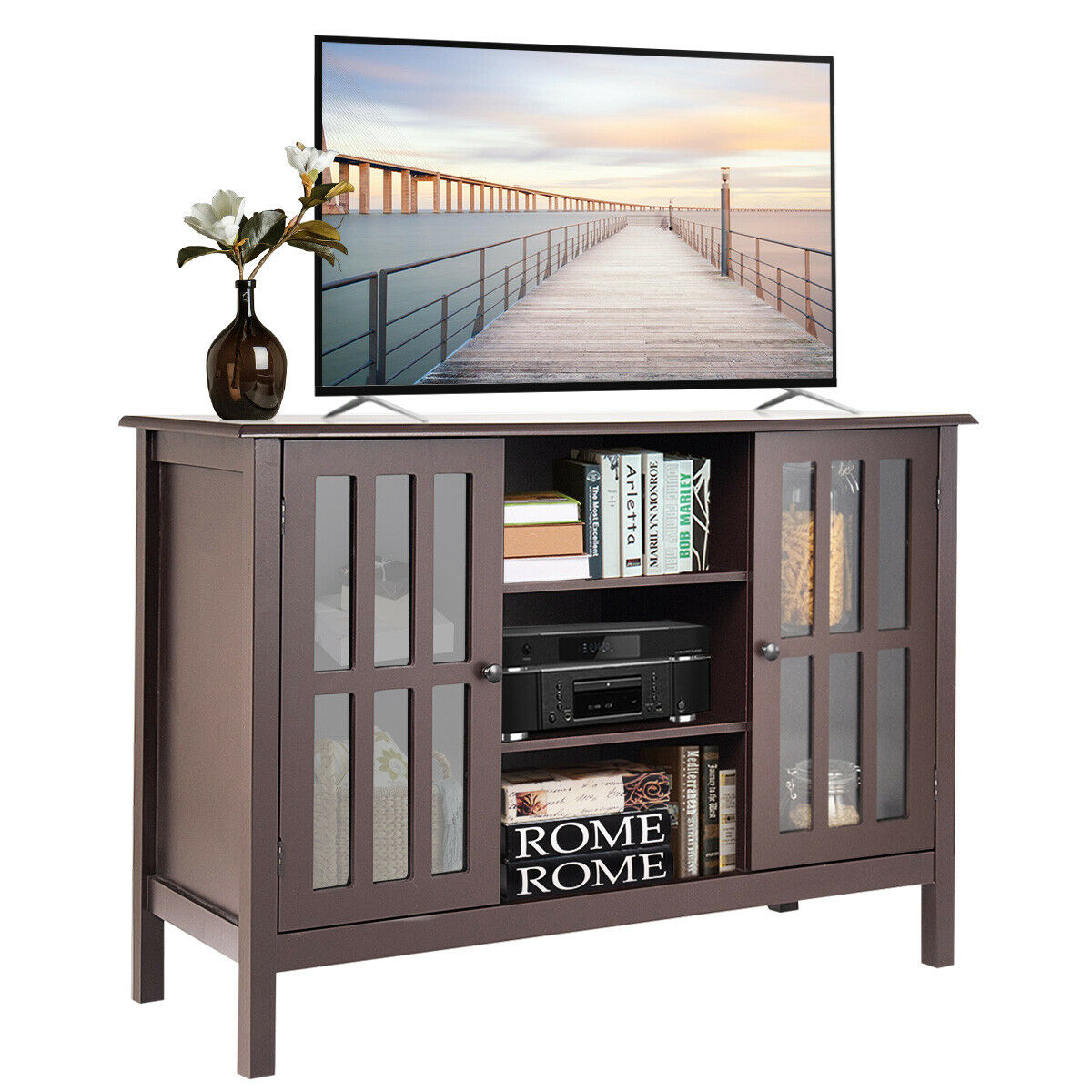 Elegant Tall Brown TV Console with Cabinet Storage and Shelves