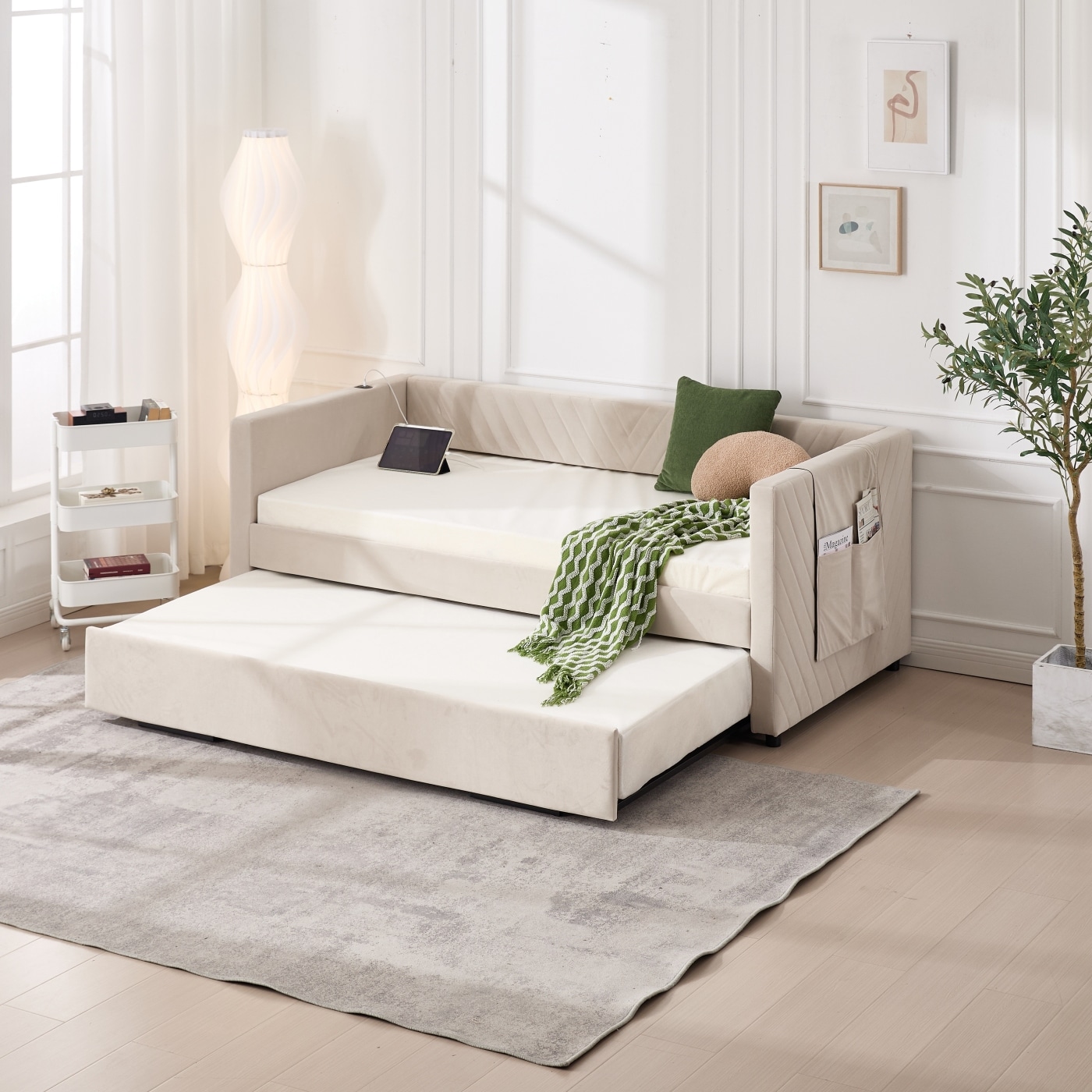 Streamdale Furniture - Streamdale Twin Upholstered Daybed with Trundle USB Side Pockets No Box Sp...