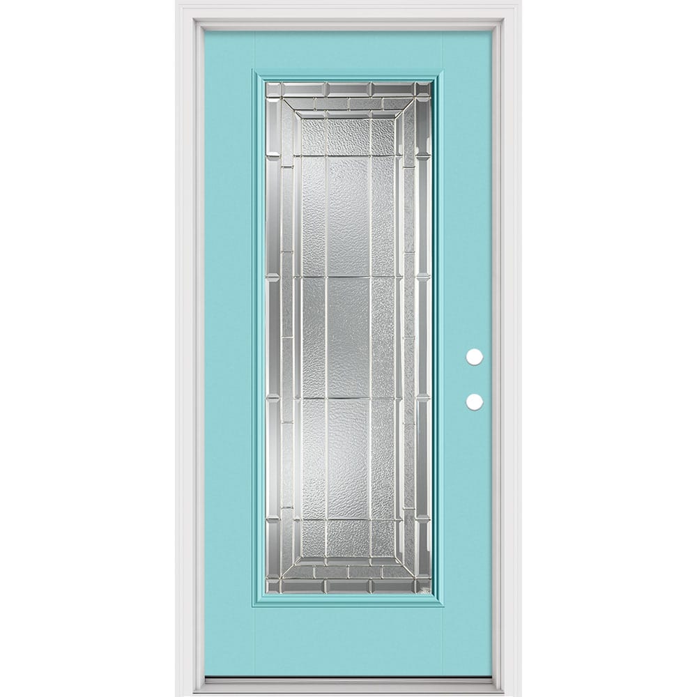 Masonite 631360 Sequence 36-in x 80-in x 4-9/16-in Fiberglass Full lite Left-hand inswing Caribbean Blue Painted Prehung Front Door with Brickmould Insulating core