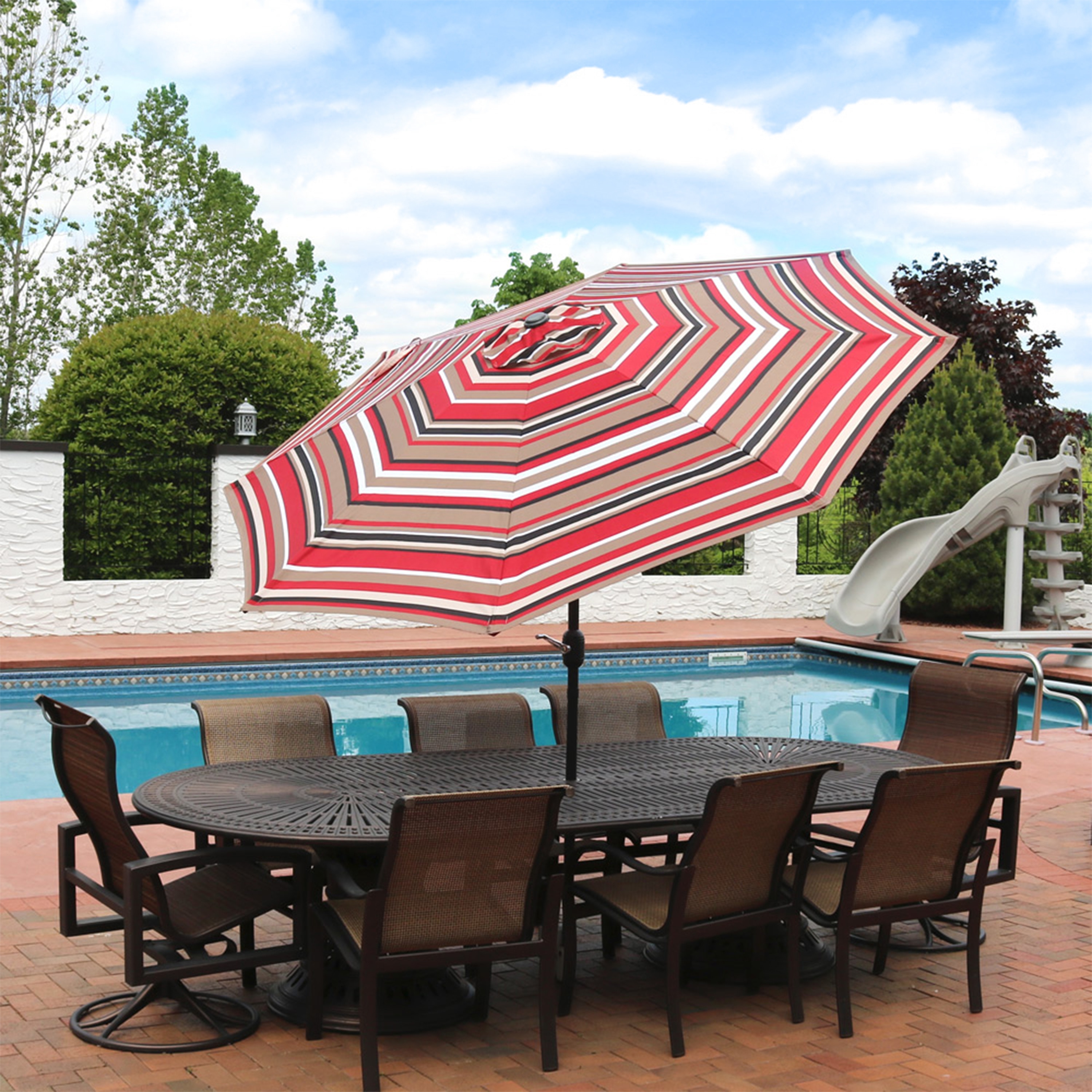 9-Foot Red and Beige Striped Aluminum Patio Umbrella