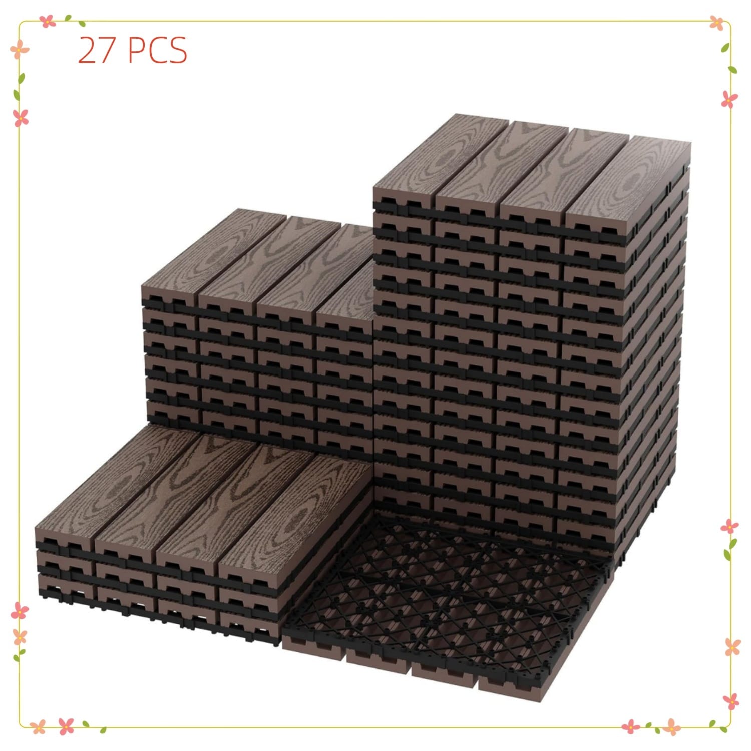 Garvee 27-Pack  Composite Deck Tile 12x12 In Interlocking  Waterproof All-Weather Flooring for Patio Balcony Porch and Poolside Covers 27 Sq Ft Coffee