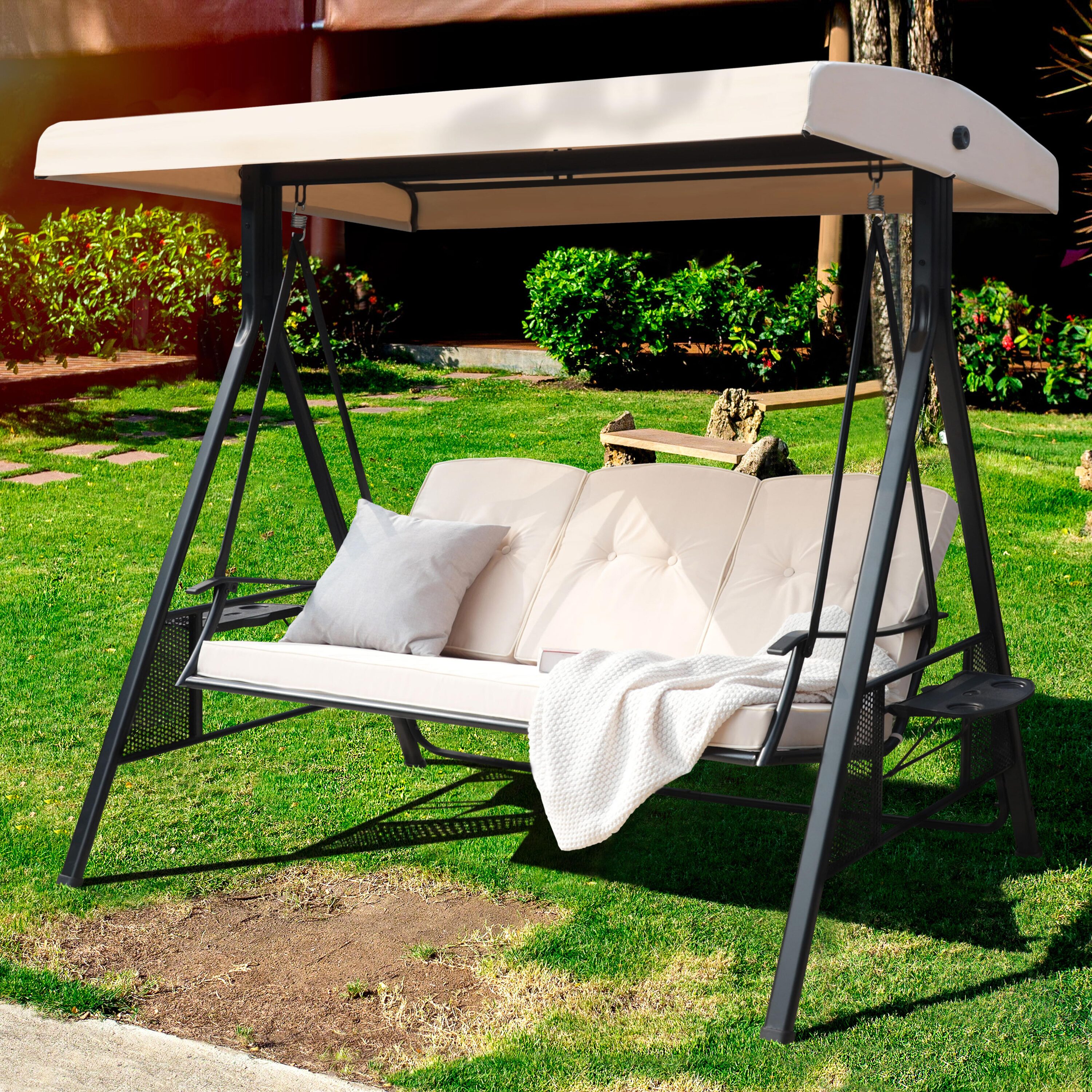 VEIKOUS 3-person Gray Steel Outdoor Swing In The Porch Swings & Gliders ...