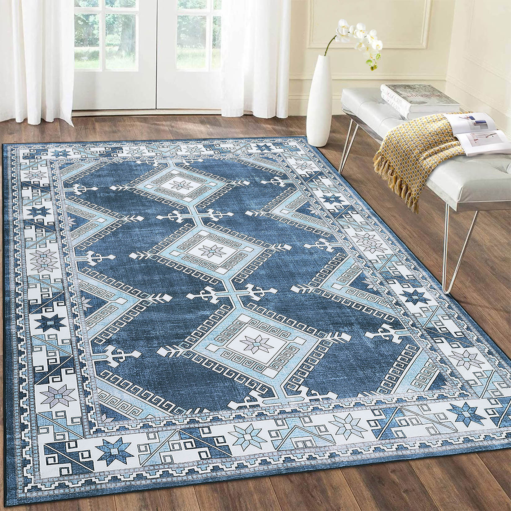 Garvee YXY-LO-PHO-0Z9U3KLA 4 x 6 (ft) Loomed Polyester Gray Blue Rectangular Indoor Geometric Moroccan Machine washable Area rug