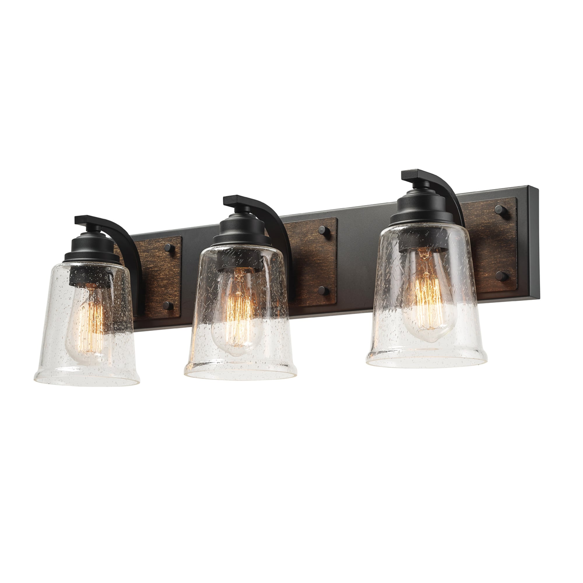 Matte Black and Faux Wood 24" Dimmable Vanity Light with Seeded Glass Shades