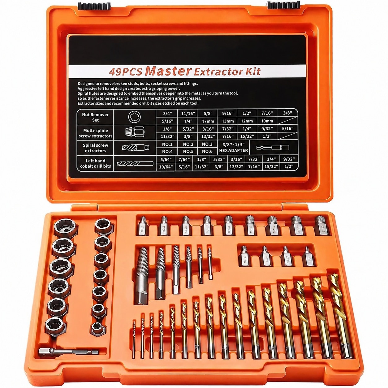 SenQWFa  49 Piece Screw Bolt Extractor Set with Left Hand Drill Bit Set Multi Spline Easy Out Broken Bolt Remover Tools for Damaged Stripped