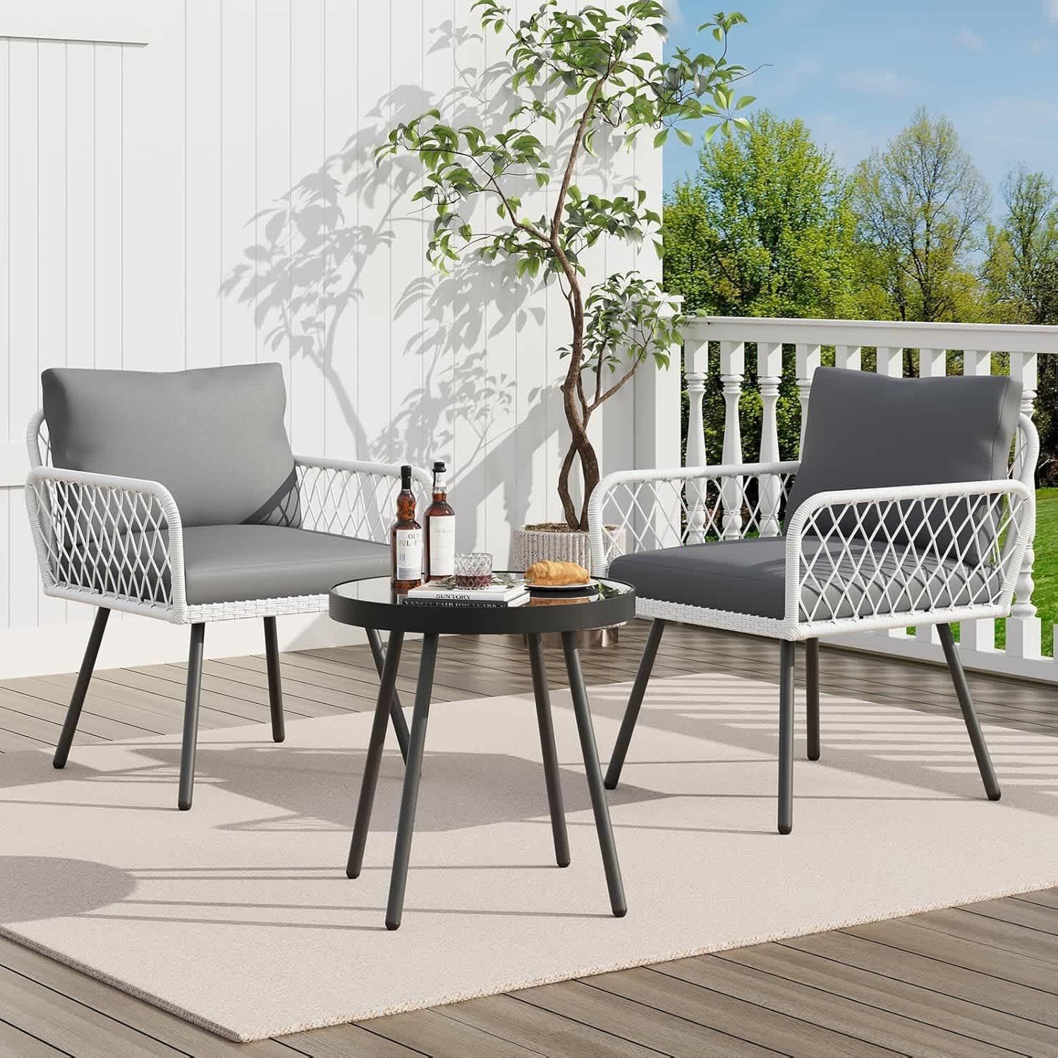 Qeetex LSHQQPPG-335P64NN 3 piece patio bistro set outdoor wicker set with coffee table for 3 people with table and cushions  Gray