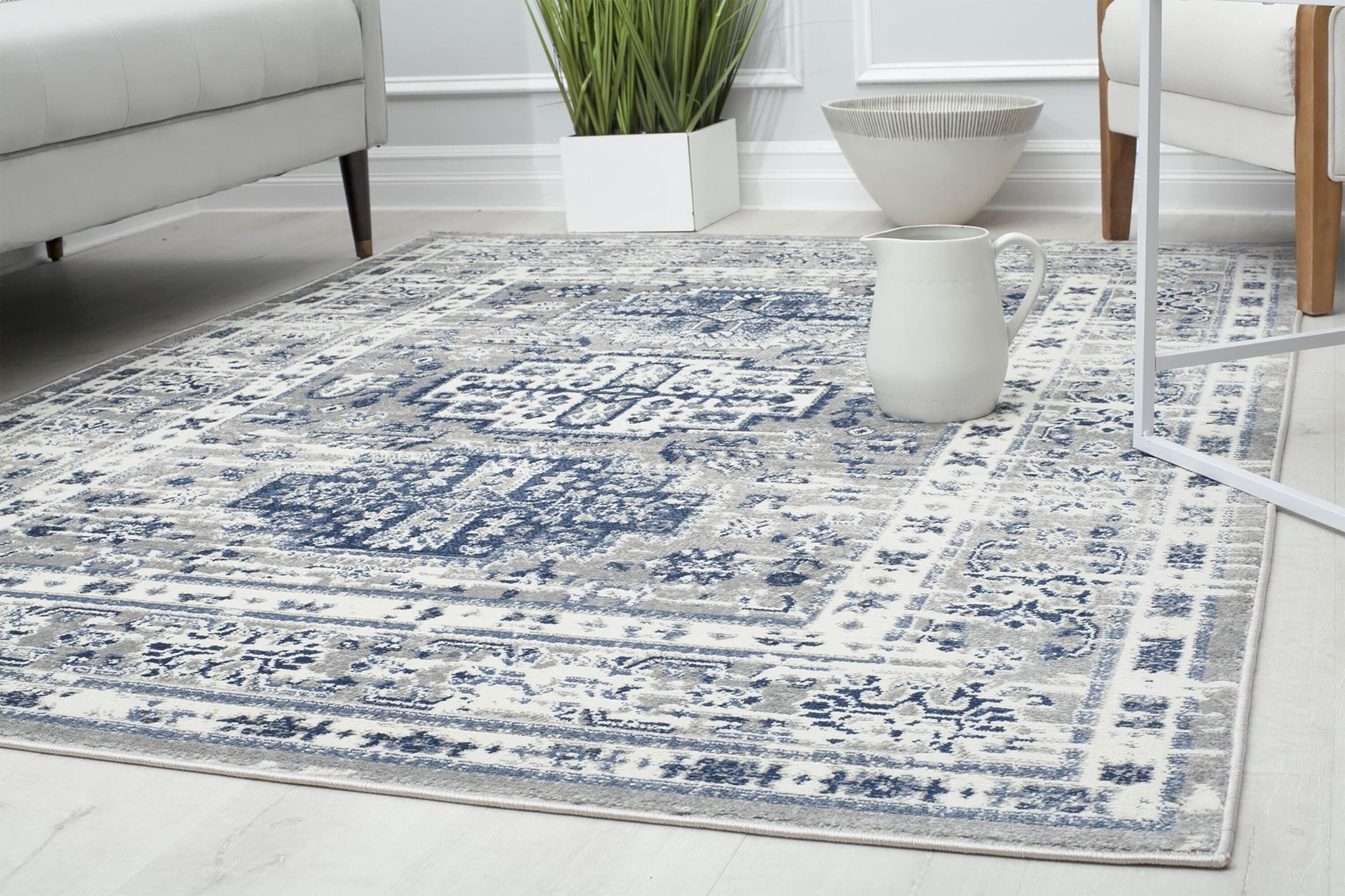 Gray and Navy Floral Synthetic Area Rug, 5'3" x 7'