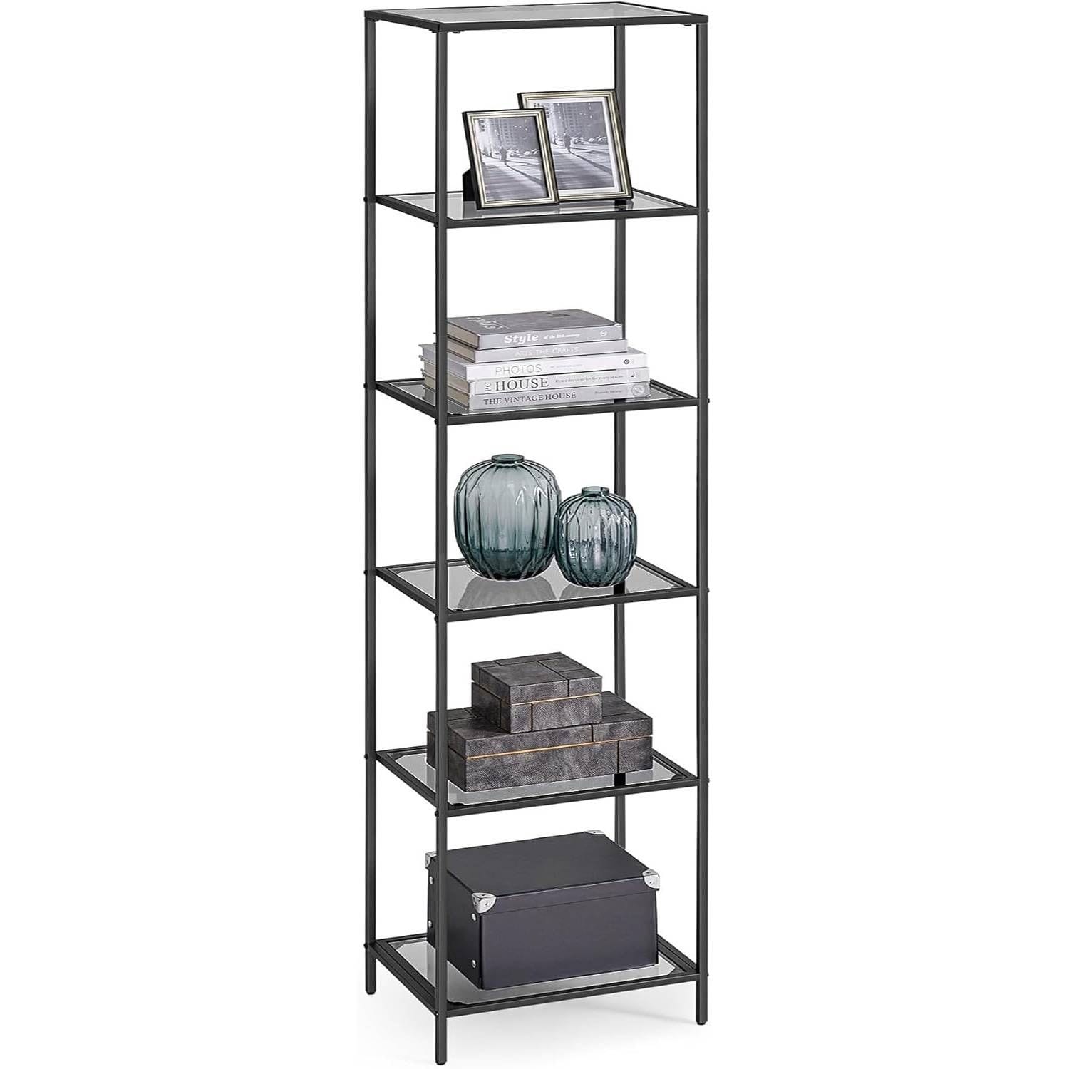 Slickblue 5 Shelf Bookcase with Glass Shelves Open Matte Finish - Bathroom Kitchen Bedroom Office - 15.7 Inch W x 69.8 Inch H x 11.8 Inch D - Black/Gold