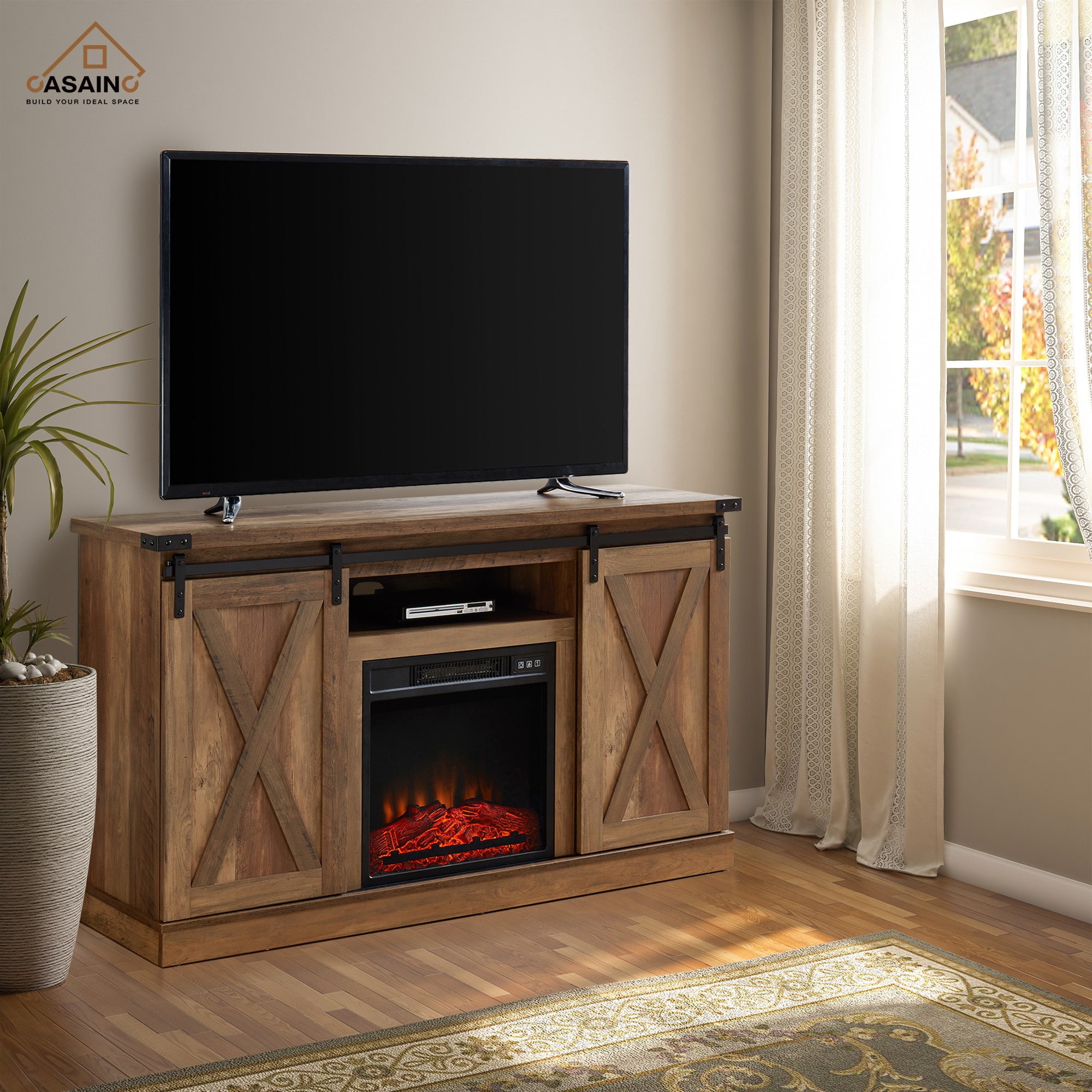 CASAINC 54in W Rustic Oak TV Stand with LED Electric Fireplace in the