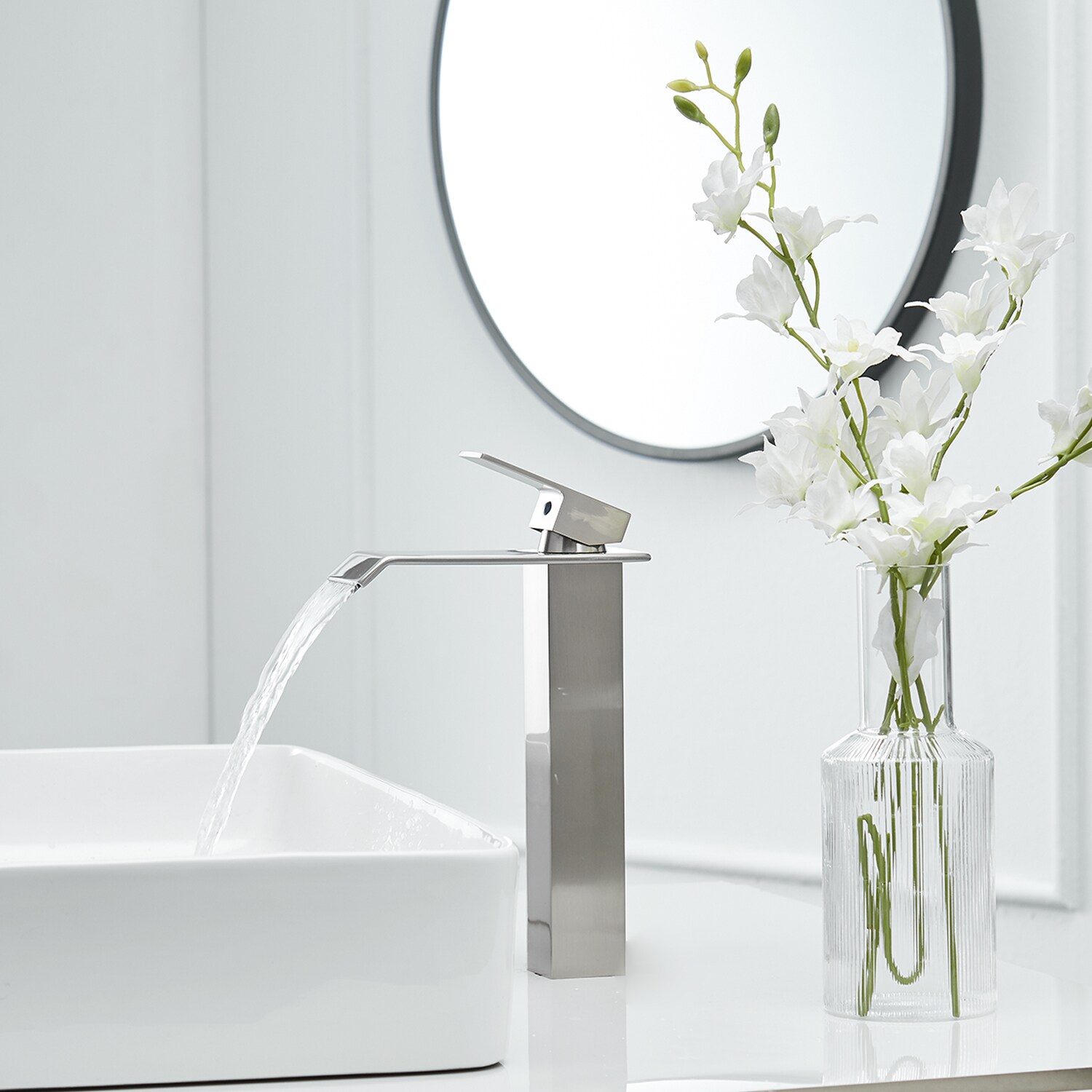 Brushed Nickel Waterfall Vessel Sink Faucet with Pop-Up Drain