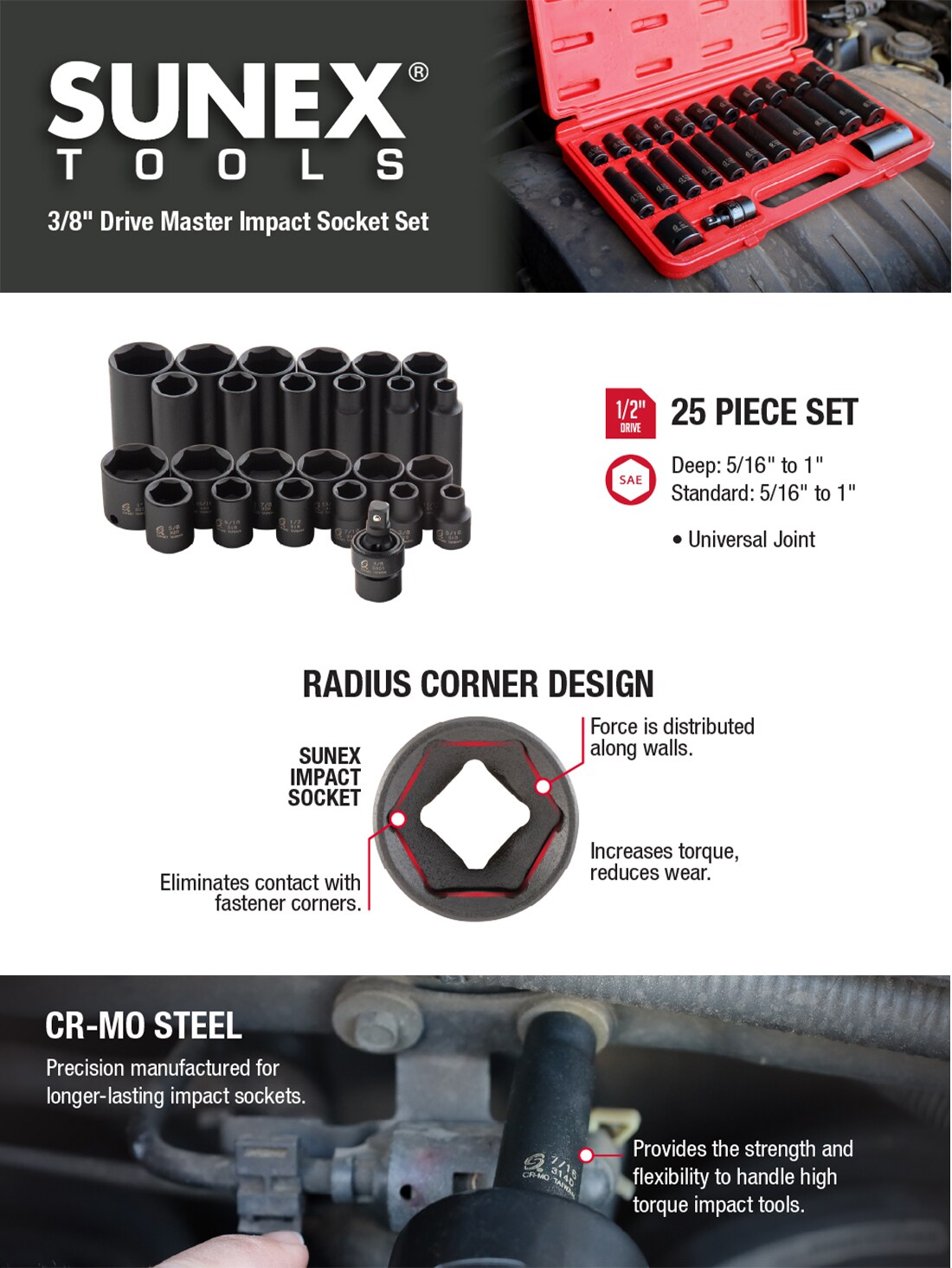 SUNEX TOOLS 25-Piece Standard (SAE) 3/8-in Drive Set 6-point