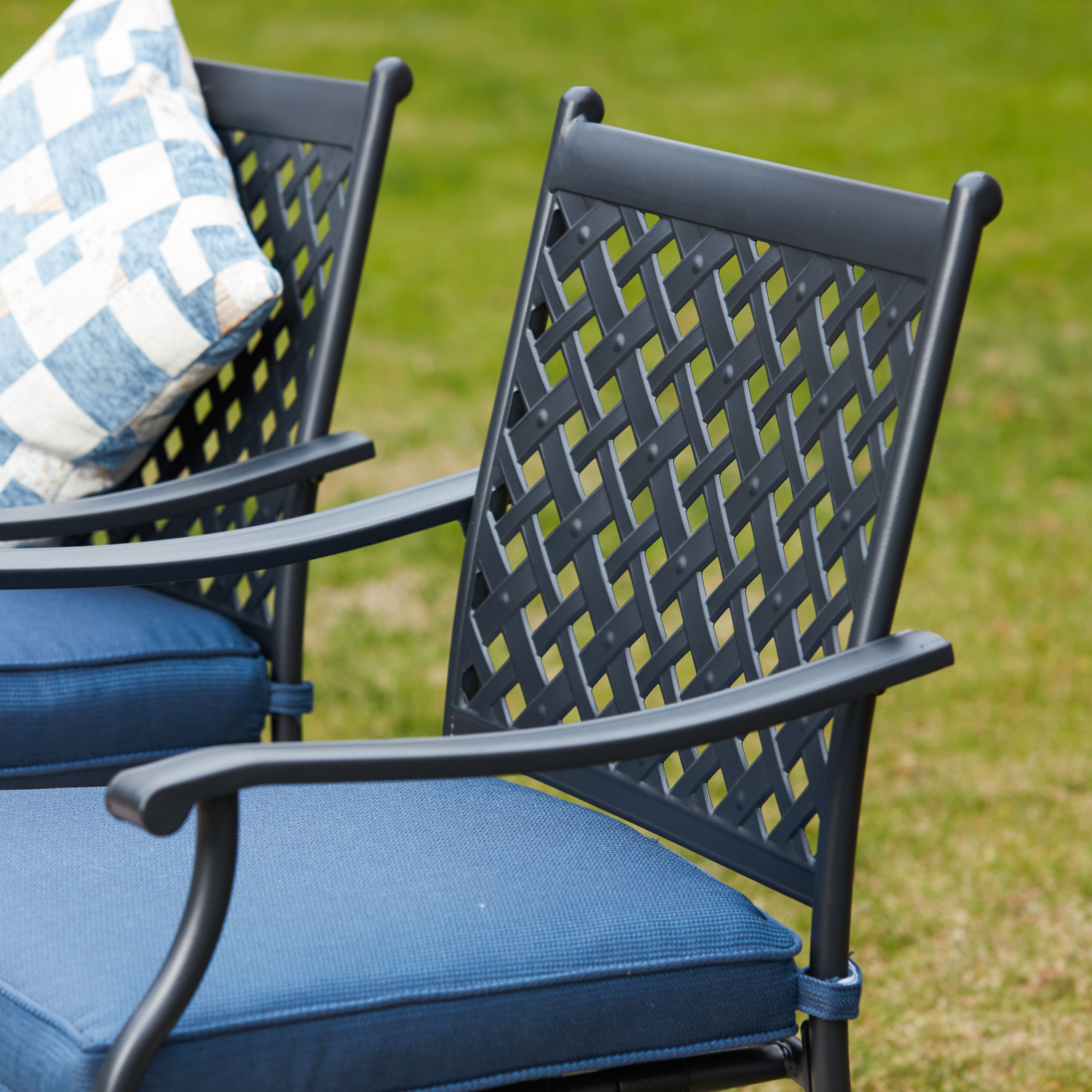 Black Steel Frame Dining Chairs with Blue Cushions, Set of 4