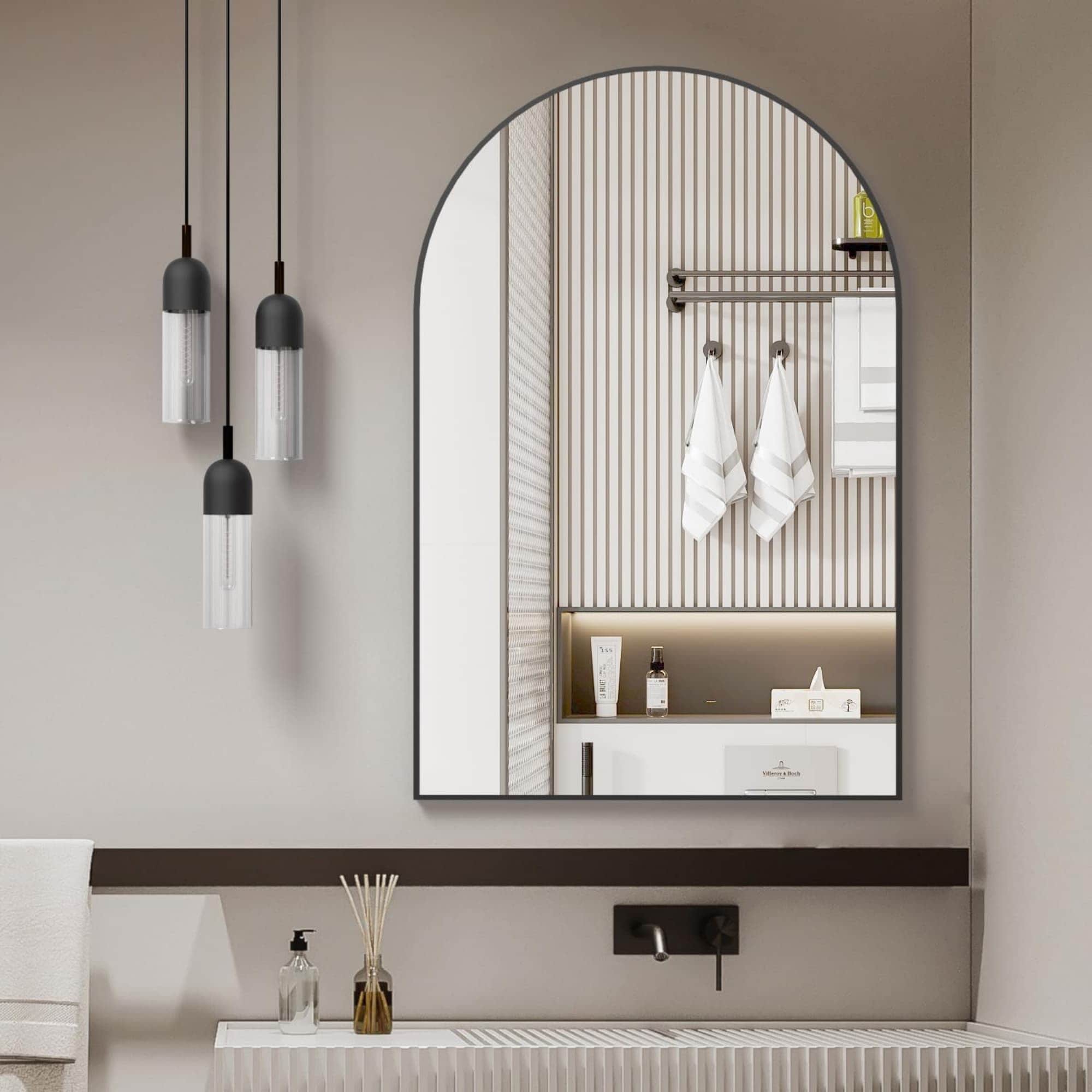 Maison Boucle 24 in x 32 in Black Arched Wall Mirror Aluminum Frame
