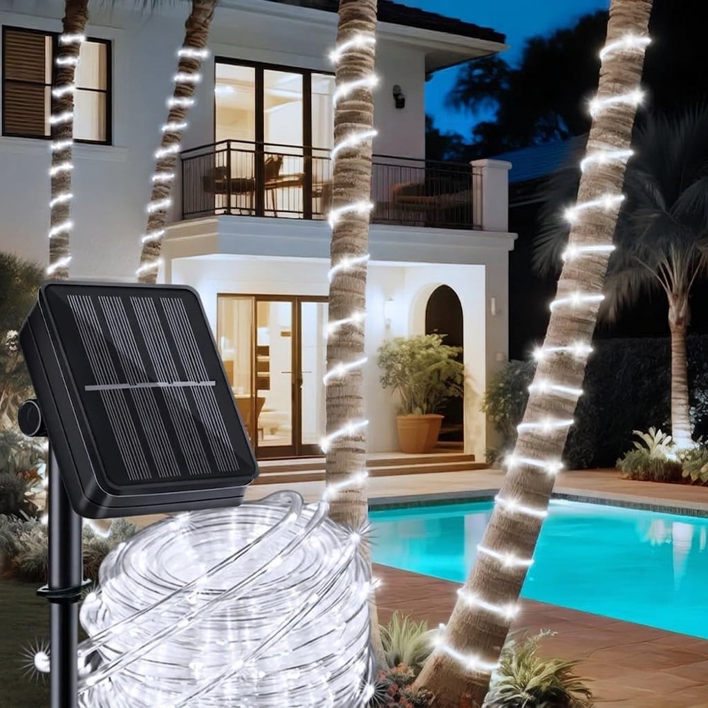 Oyezvary  Solar Rope Lights 39FT 100LEDs Cool White Outdoor String Light IP65 Waterproof 8 Modes Flexible PVC Tube for Patio Garden Pathway