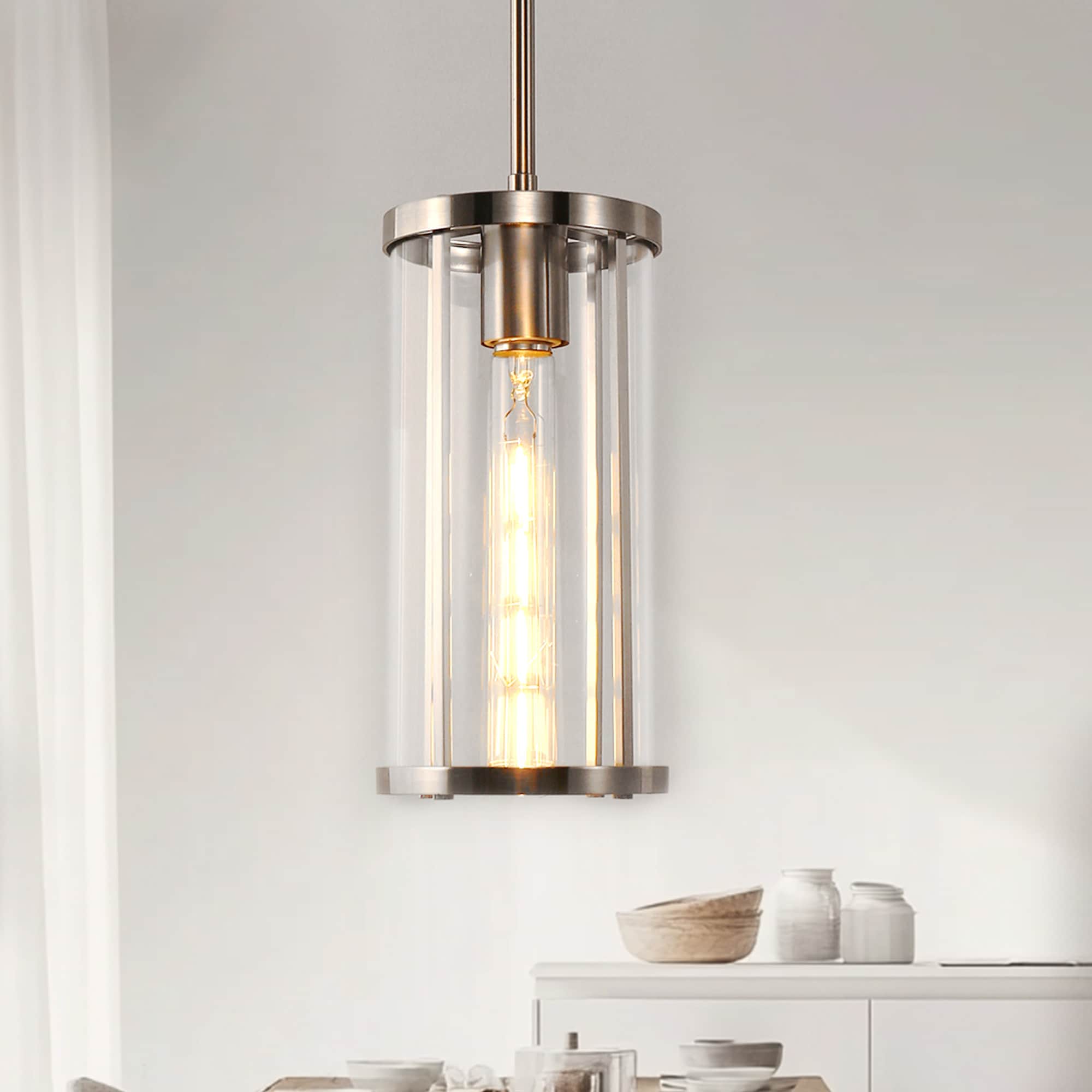 DORESshop 1 Light Nickel Pendant Light with Clear Glass Shade Modern Industrial Lighting for Kitchen Island and Dining Room