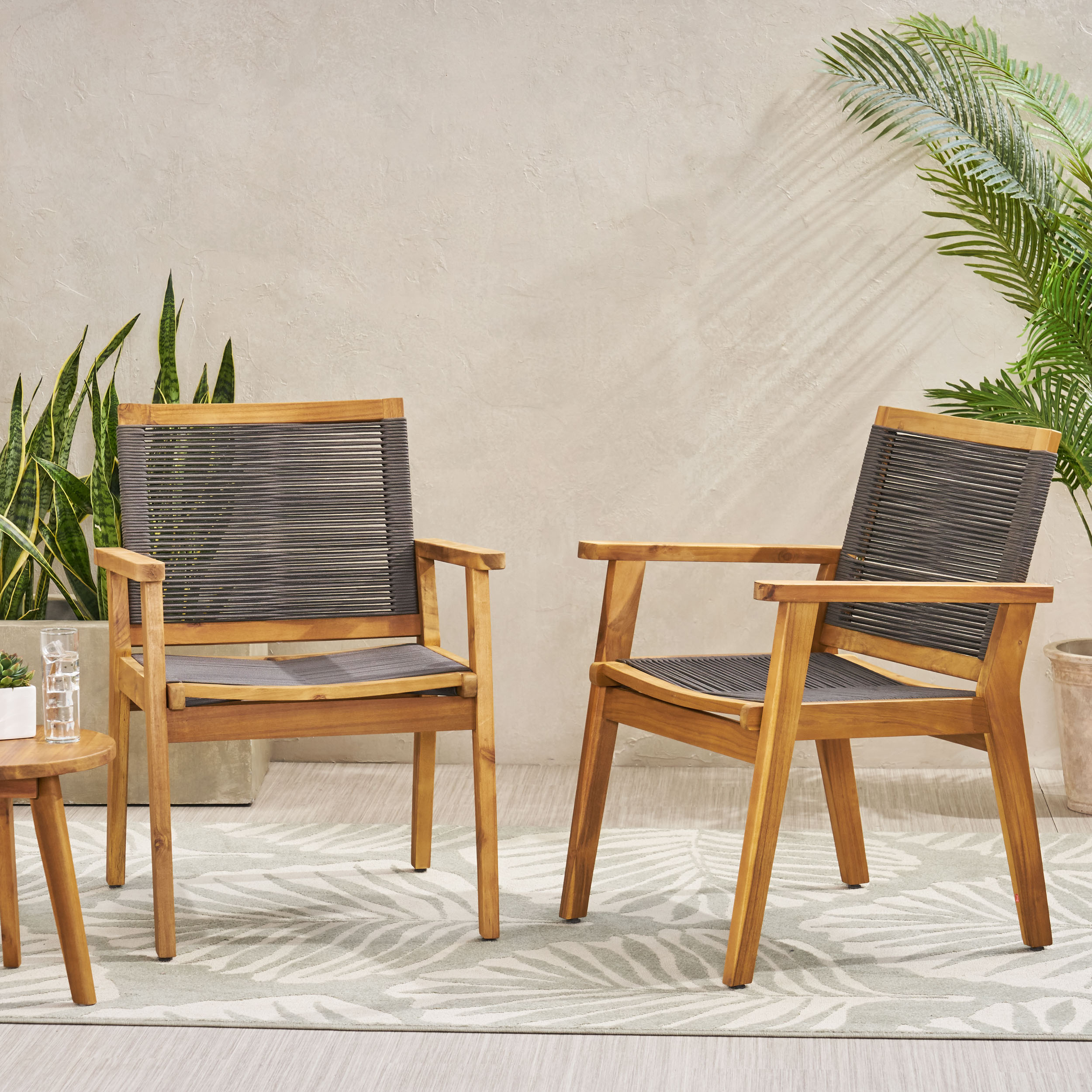 Set of 2 Teak and Dark Gray Rope Outdoor Dining Chairs