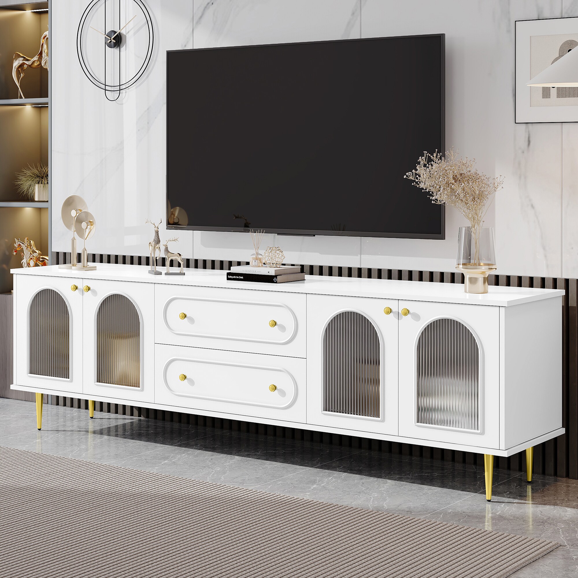 ModernLuxe L3P-SJ000122AAK 78.7inch Modern TV Stand TV Cabinet with Five Metal Legs and Metal Handles 2 Drawers and 2 Cabinets with Fluted Glass Doors For Living room Up to 80inch