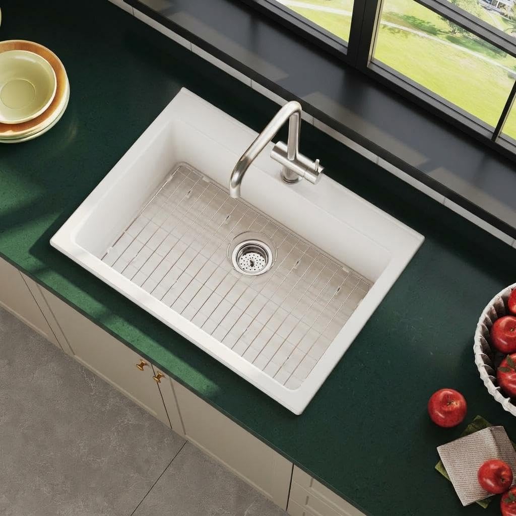 GAOMON 30in Drop-In White Fireclay Apron Front Kitchen Sink Large Single Bowl Classic Farmhouse Ceramic Basin for Kitchen or Laundry Room
