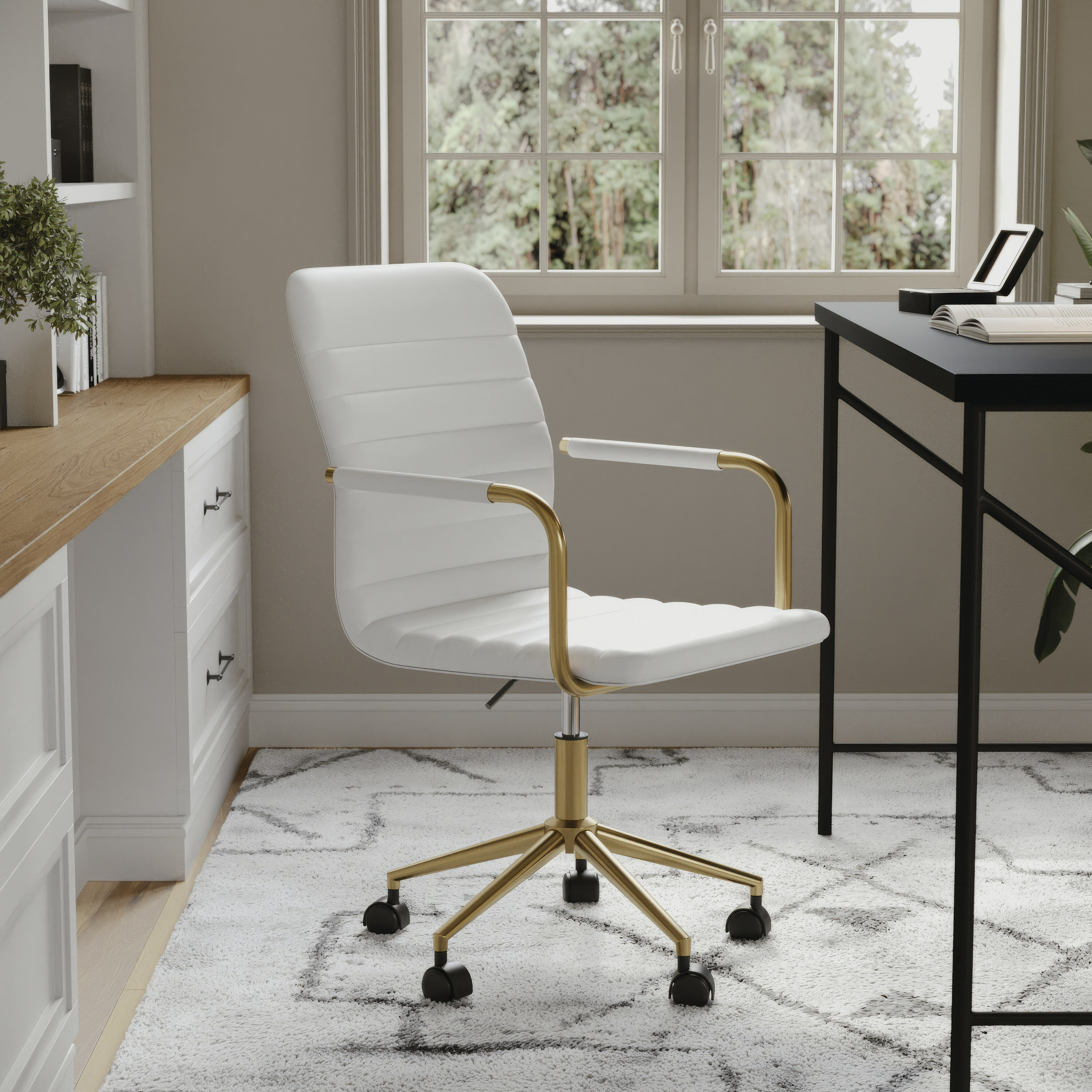 White Faux Leather Executive Swivel Office Chair with Brass Frame