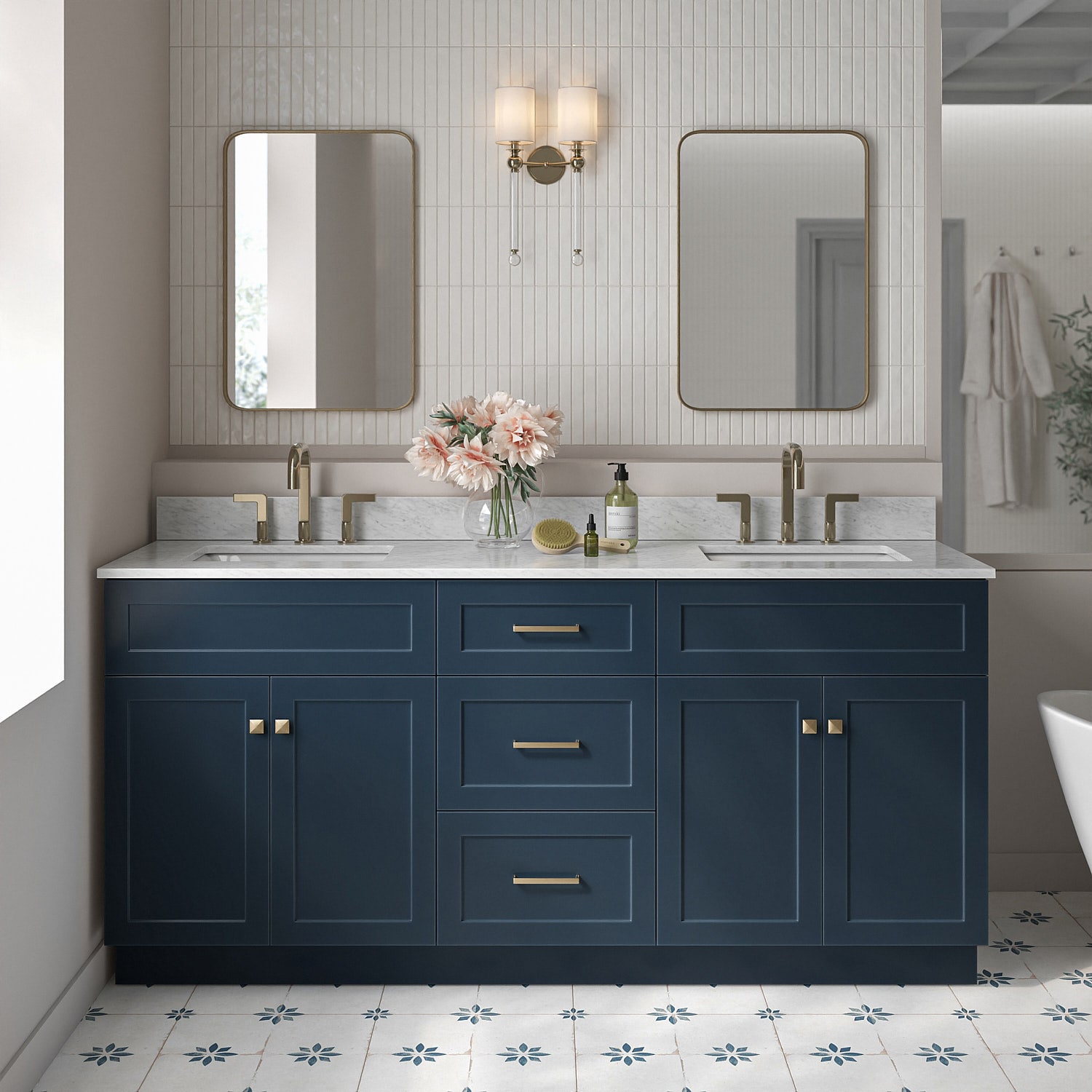 ARIEL F073DCW2RVOMNB Hamlet 73-in Midnight Blue Undermount Double sink Bathroom Vanity with 0.75" Carrara White Marble Natural marble Top