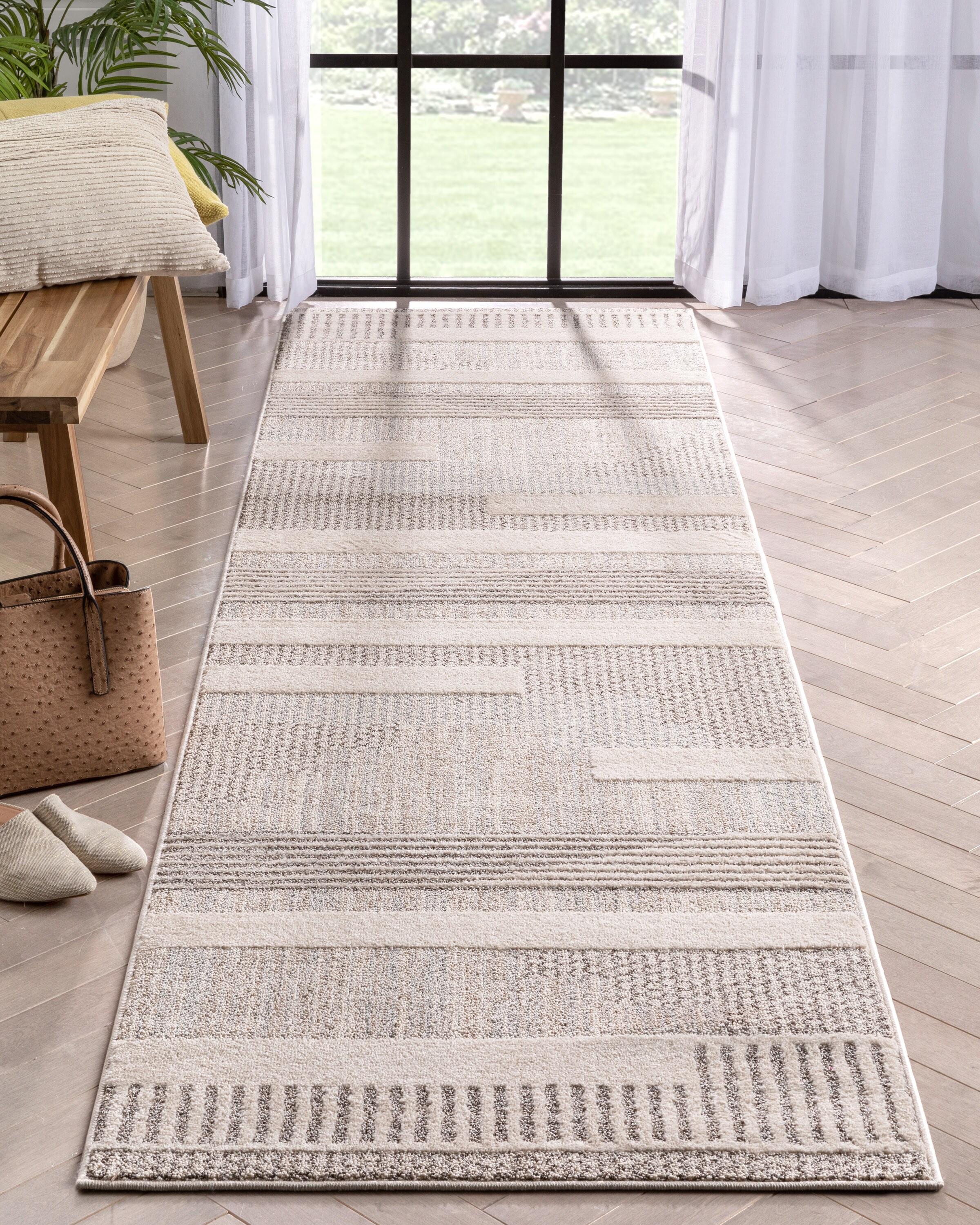 Well Woven HAR-12-2L Harlow 2 x 9 (ft) Loomed Polypropylene Beige Rectangular Indoor Geometric Mid-Century Modern Runner rug