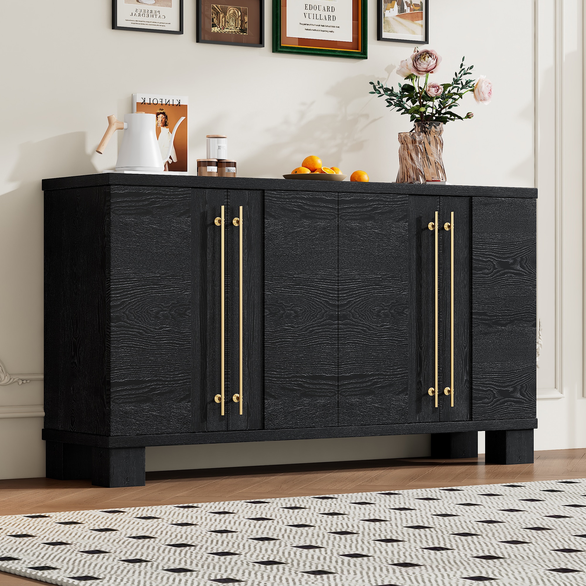 Vynxaria 60-in W x 33.8-in H x 15.7-in D Black Buffet Sideboard Cabinet with Adjustable Shelves