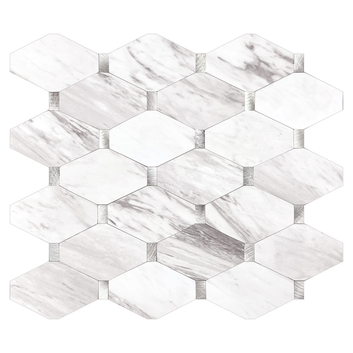 Murella 28124 Metal White Carrera with Silver Metal Accents 11-1/4-in x 12-in Multi-finish Metal Marble Look Mosaic Wall Tile (0.93-sq. ft/ Piece)