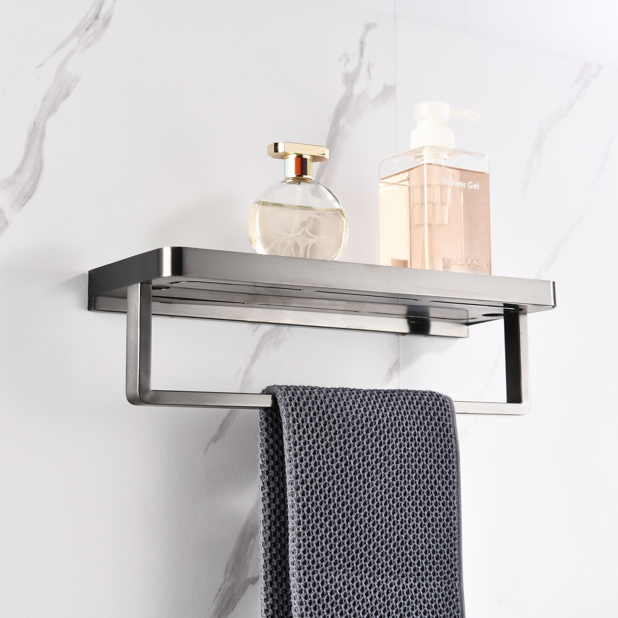 Lexora Bagno Bianca Stainless Steel Black Glass Shelf w/ Toilet Paper Holder - Gun Metal