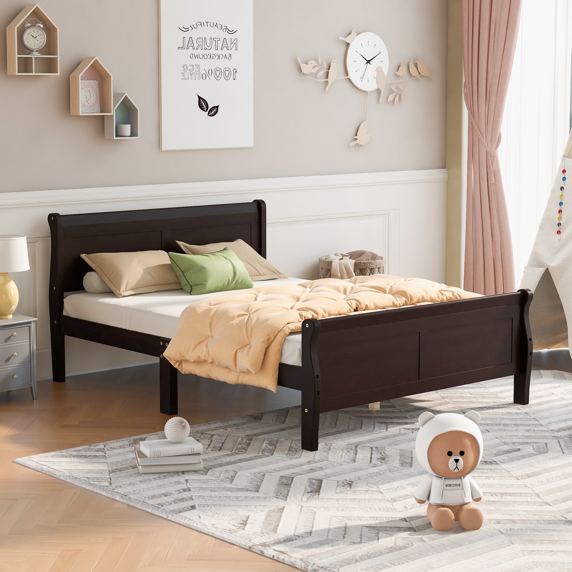 ModernLuxe WF289142AAP Queen Size Wood Platform Bed with Headboard and Wooden Slat Support Espresso