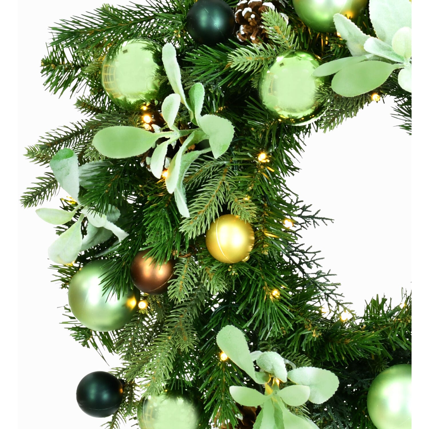 24-Inch Green and Brown Artificial Christmas Wreath with Pinecones and LED Lights