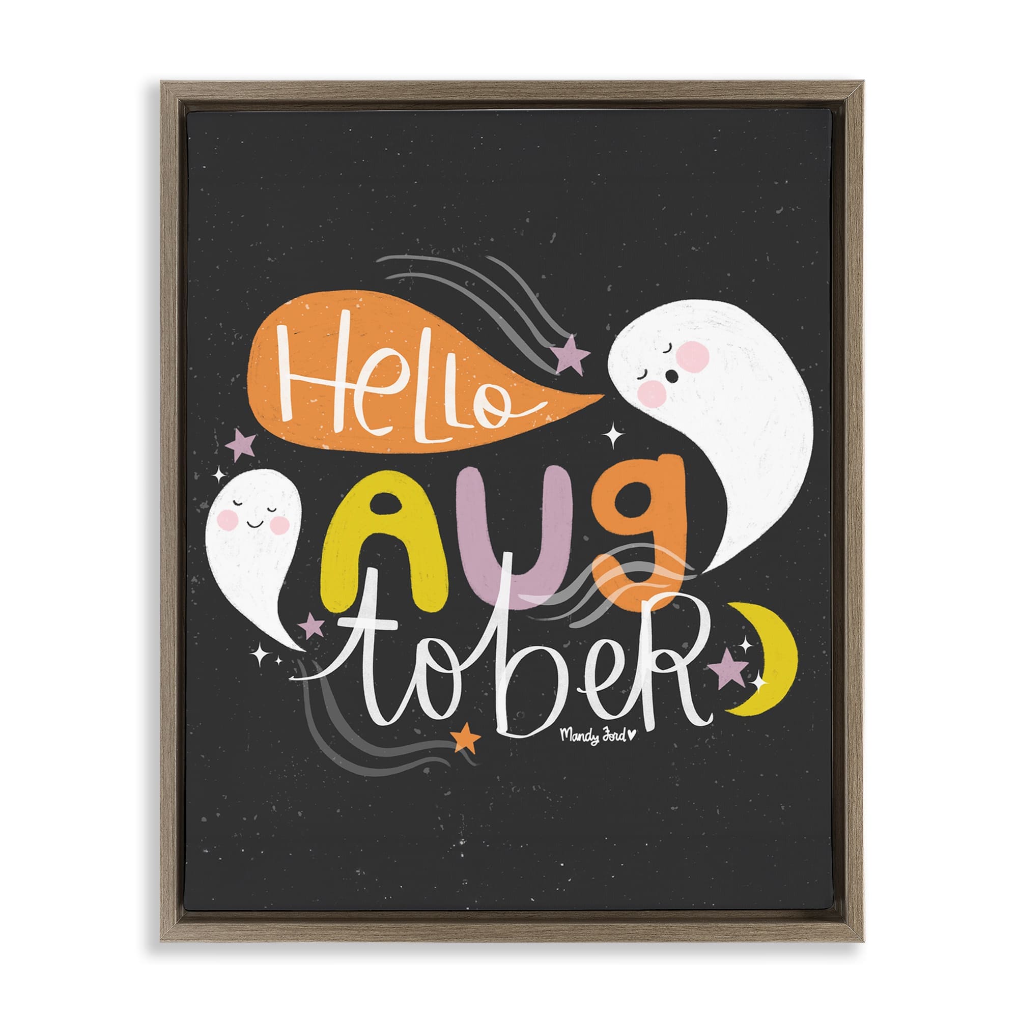 Stupell Industries BS-294-FFE-16X20 Hello Augtober with Ghosts Brown Framed Floater Canvas Wall Art By Mandy Ford Art + Illustration 17 x 21